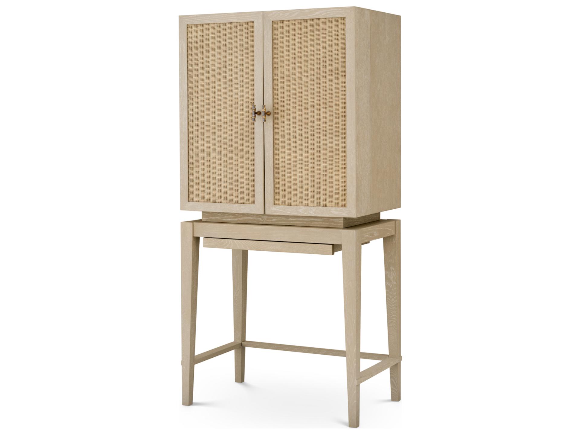 Borchard Oak Veneer and Rattan Bar Cabinet with Bronze Finish
