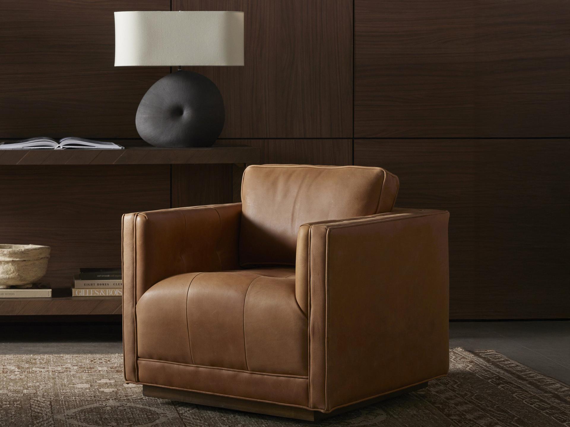 Four Hands Easton Kiera Swivel Brown Leather Accent Chair