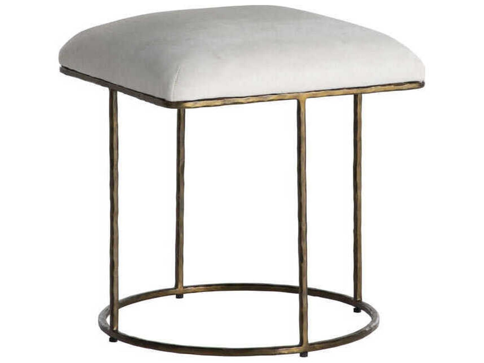 Lucas Upholstered Accent Stool in Natural Ivory Hide and Aged Brass