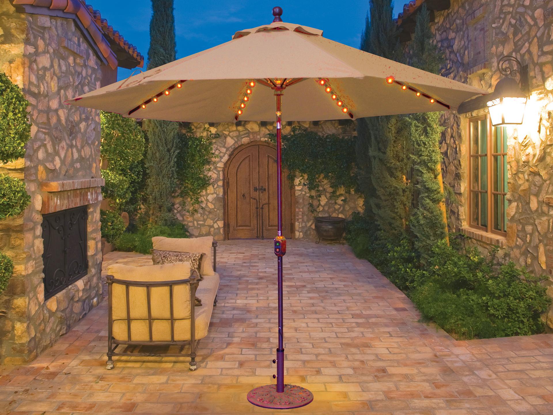 Galtech Quick Ship Aluminum 9 Foot Octagon Auto Tilt Crank Lift Outdoor Patio Umbrella with LED Lights