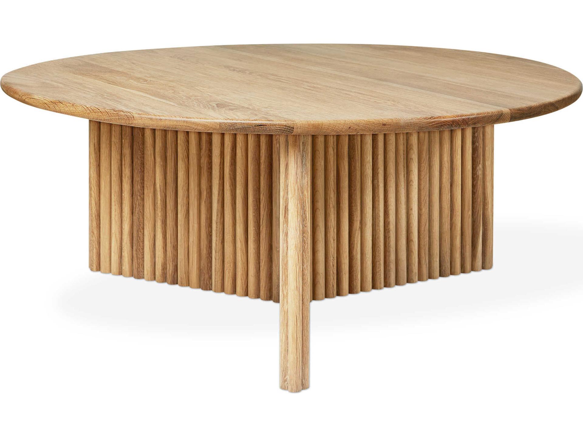Gus Modern Odeon Round Wood Coffee Table in White Oak with Scalloped Base