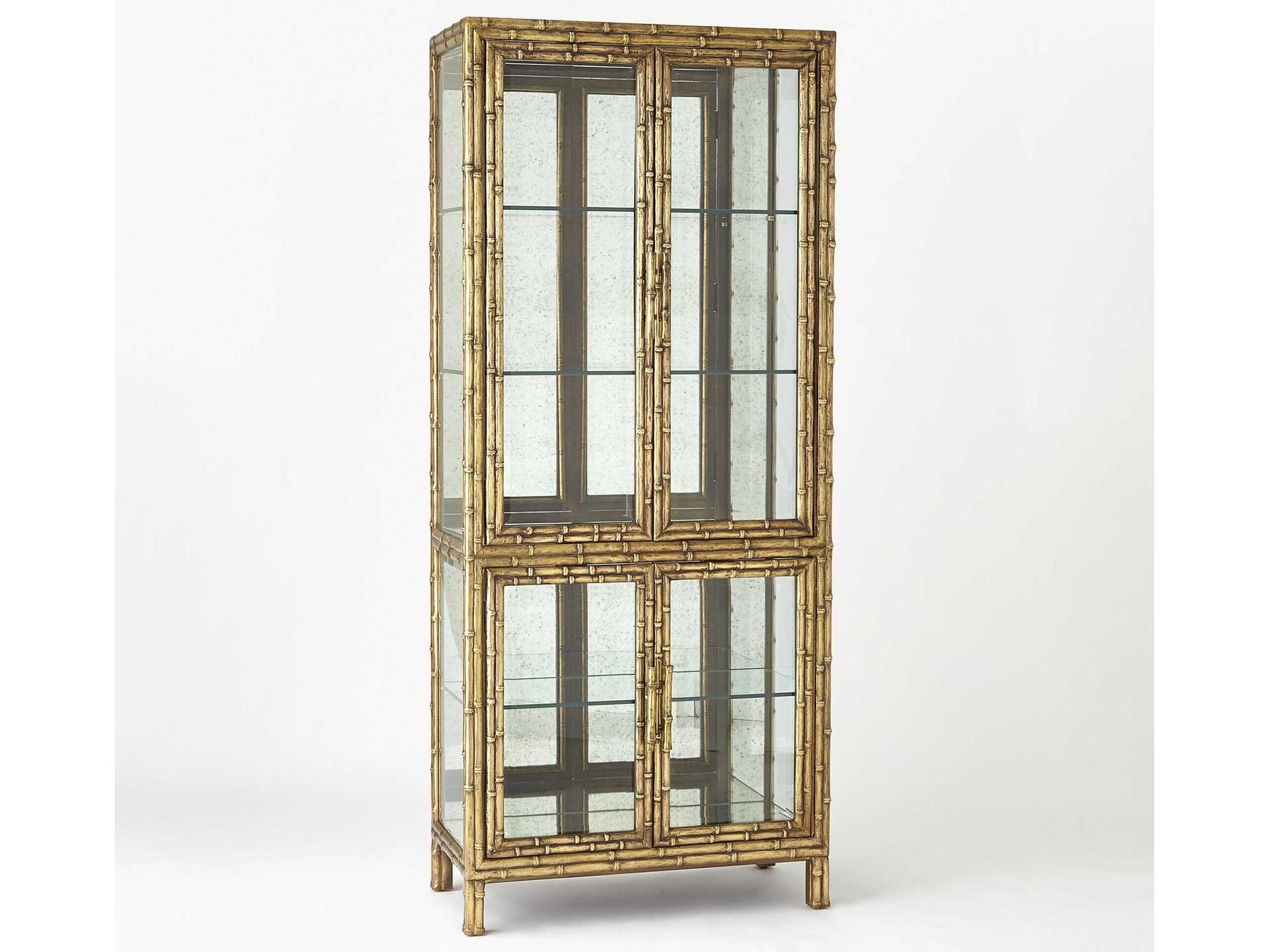 Brass Antiqued Mirror Display Cabinet with Beveled Glass