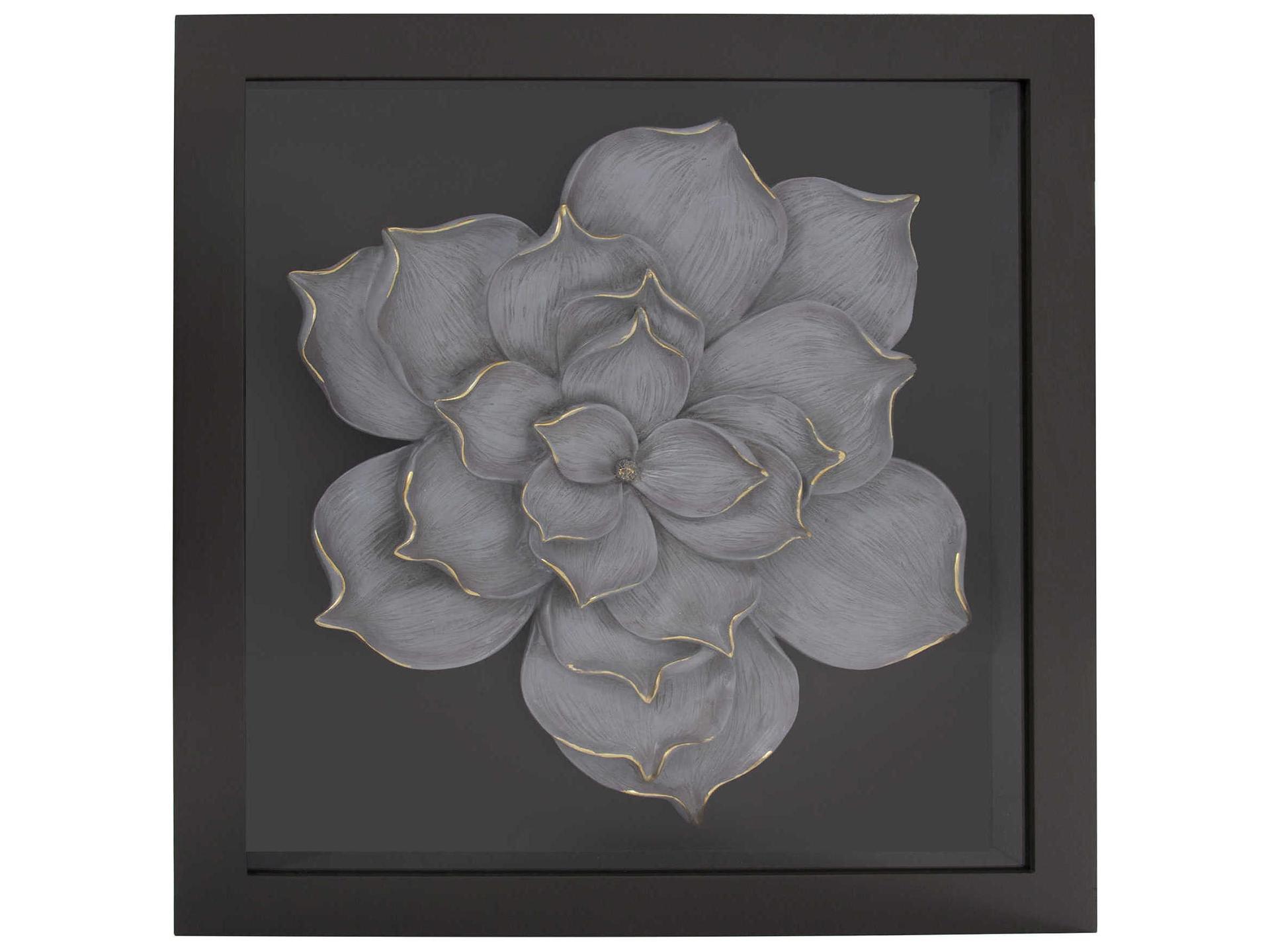 Magnolia Flower Wood Wall Art Gray and Gold in Shadow Box Frame