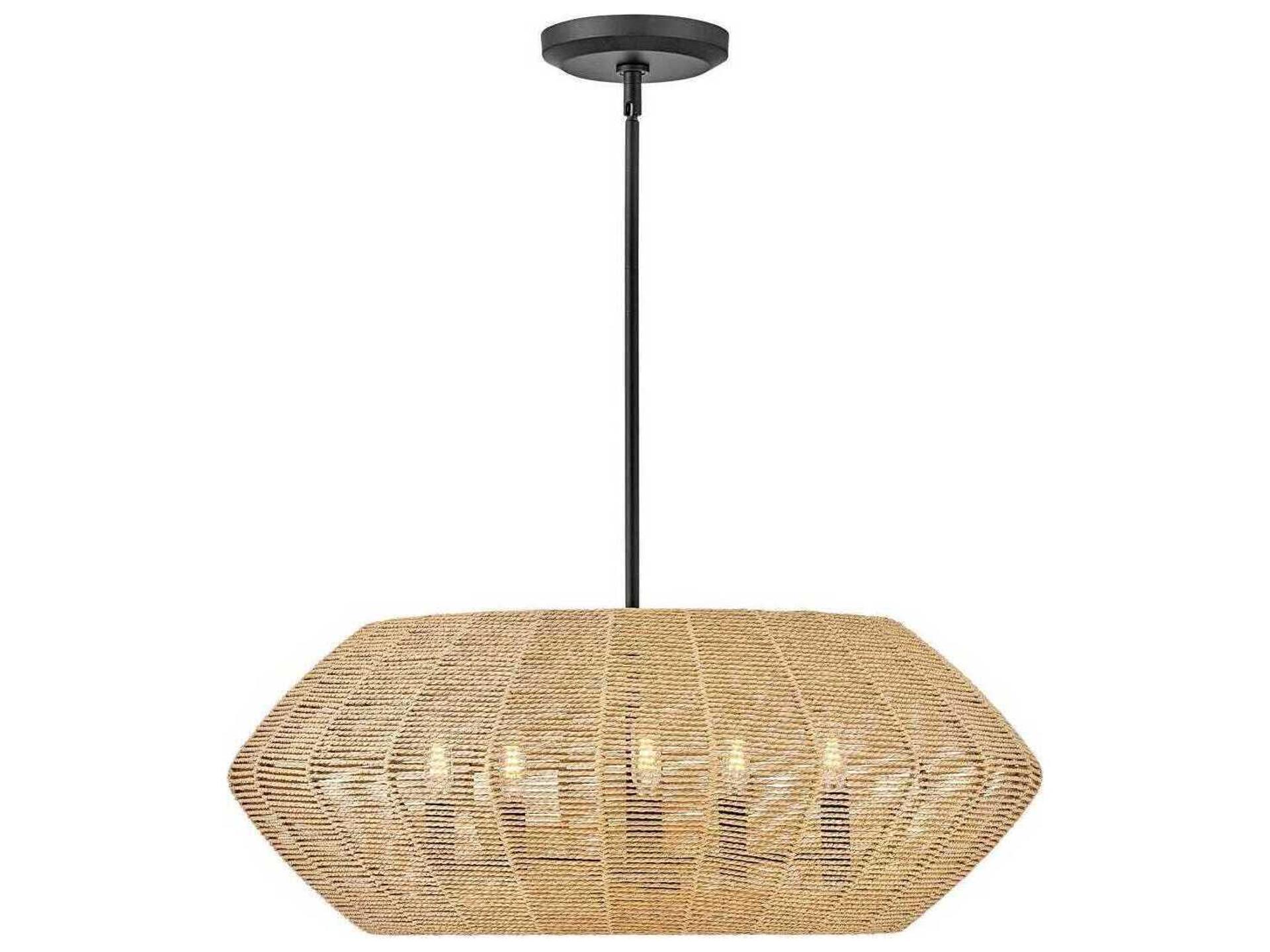 Luca 5-Light Convertible Drum Chandelier in Black with Camel Rattan Shade