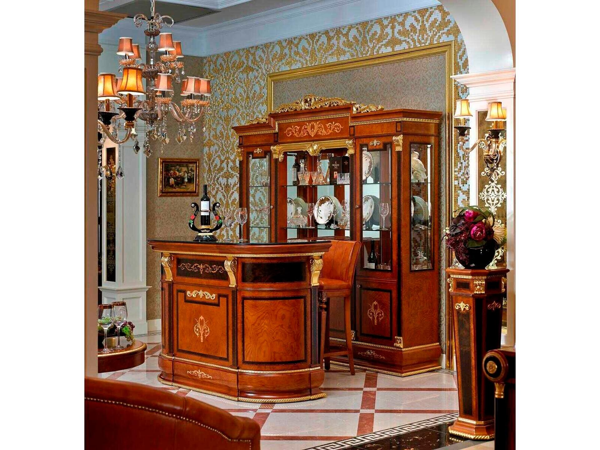 E-38 Traditional Bar Cabinet in Brown Hardwood with Inlay