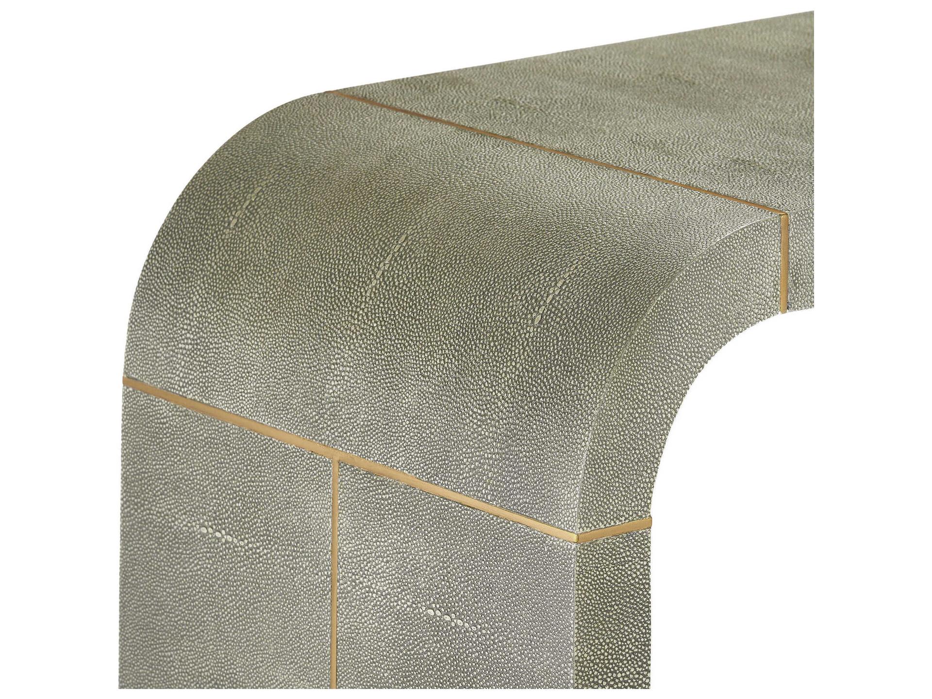 Interlude Home Sutherland Rectangular Faux Leather Sorrel Grey Shagreen Brushed Brass Console Table