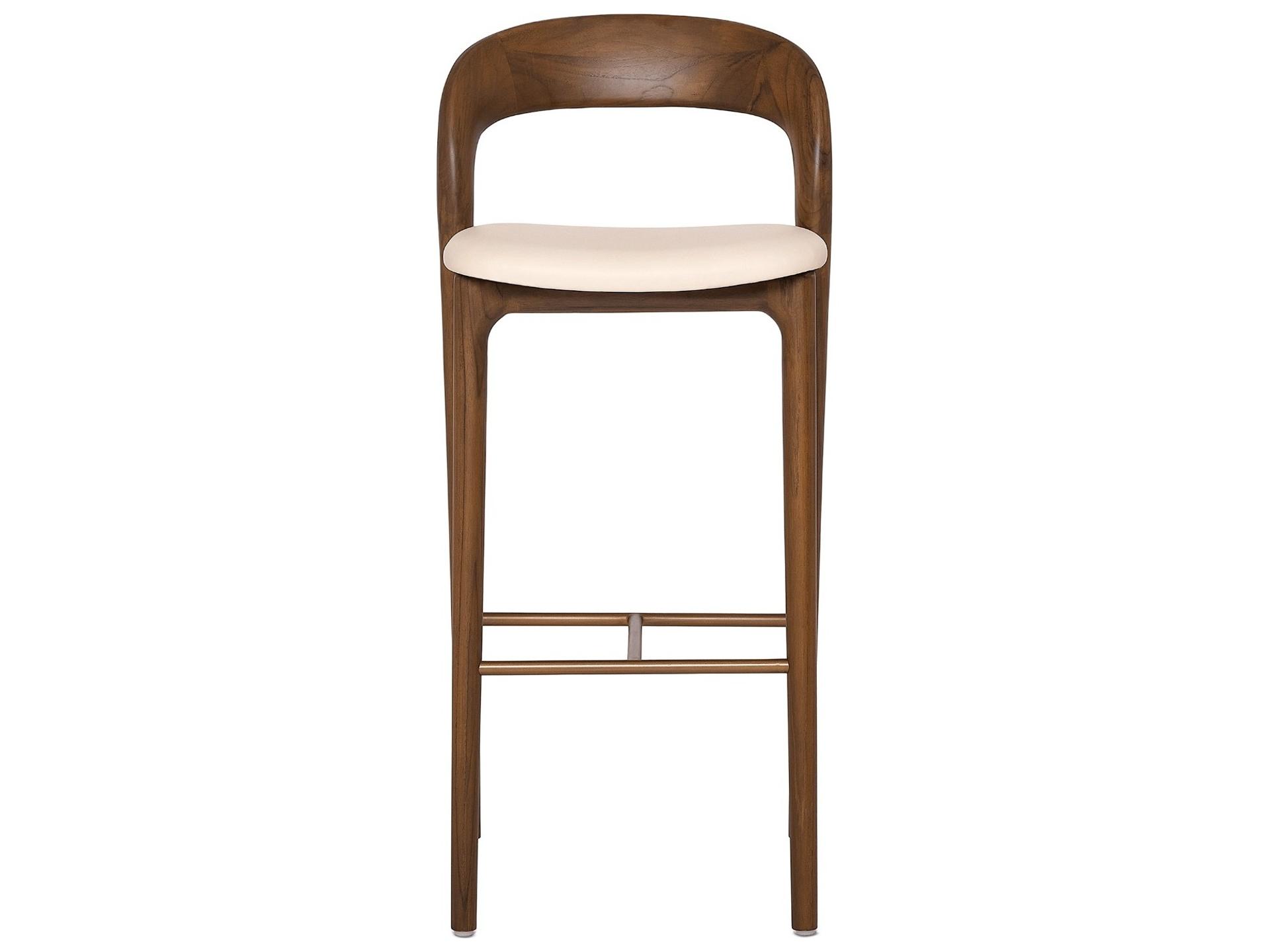 Interlude Home Felix Classic Walnut Grove Brass Leather Teak Wood Bar Stool