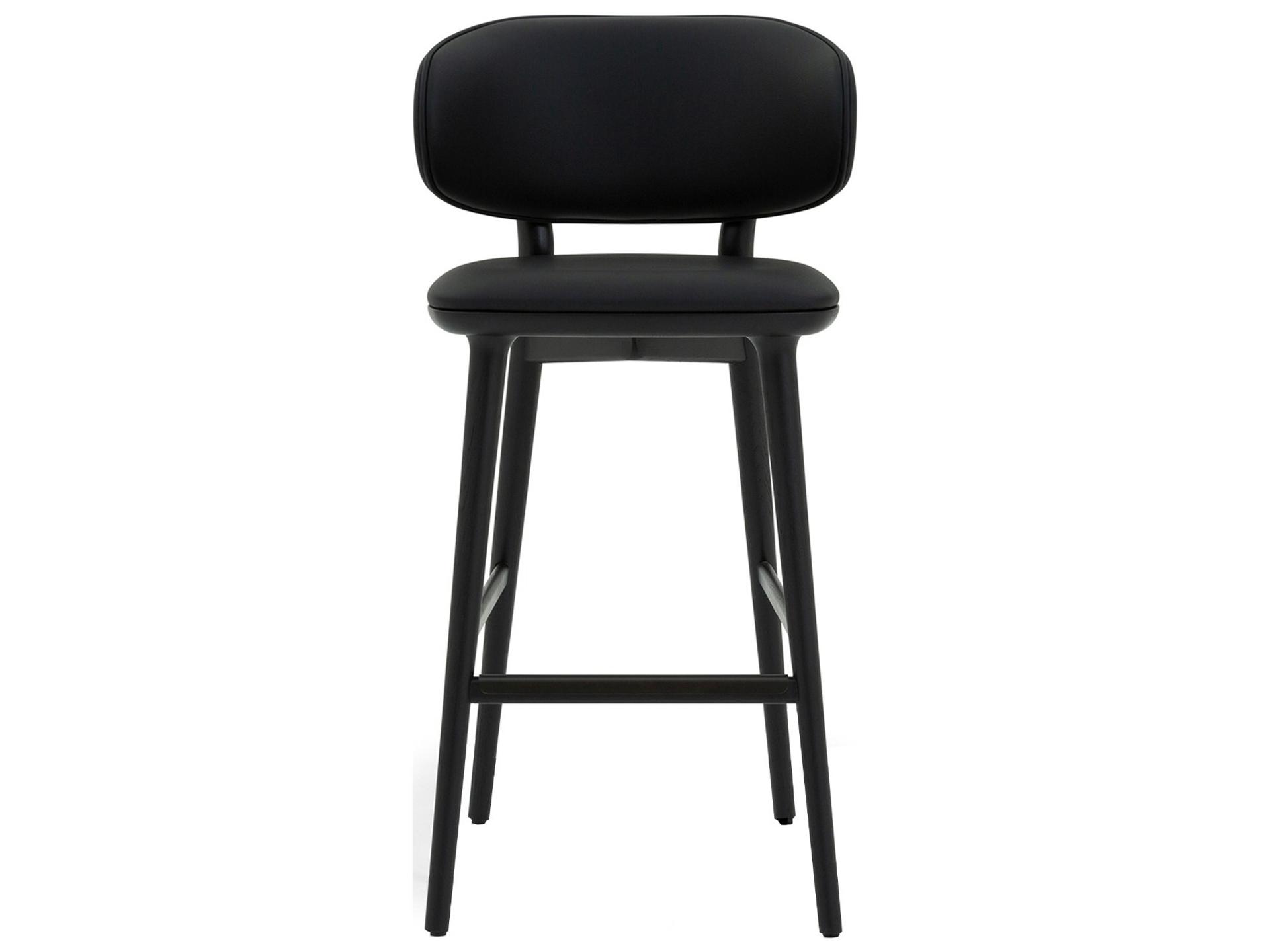 Interlude Home Soren Matte Black Midnight Dark Bronze Leather Oak Wood Bar Stool
