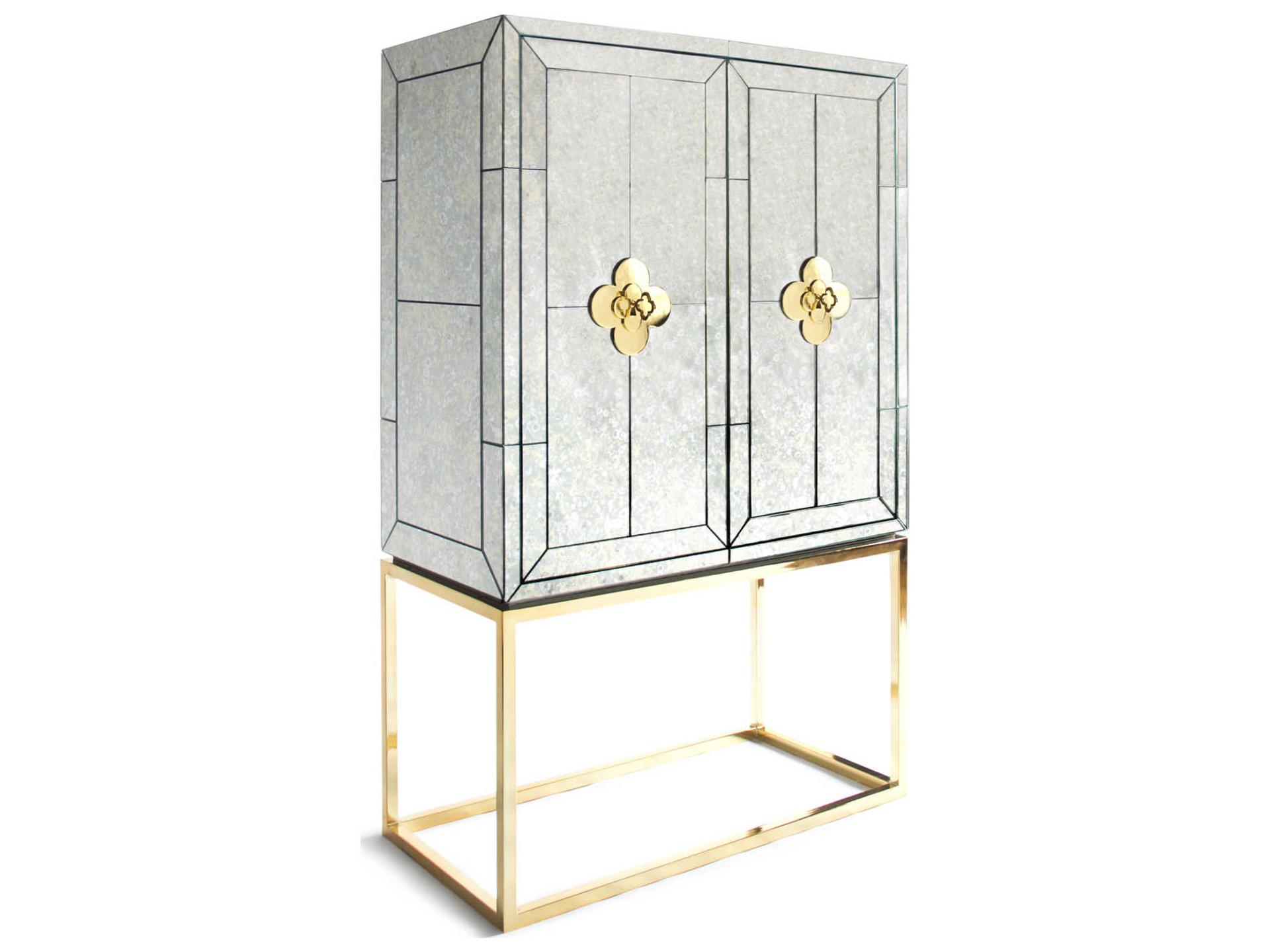Delphine Mirrored Antiqued Mirror Brass Bar Cabinet