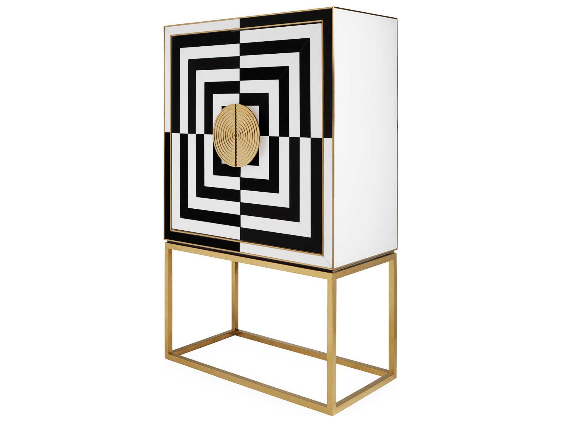 Op Art Bar Cabinet in Charcoal and Ivory with Polished Brass