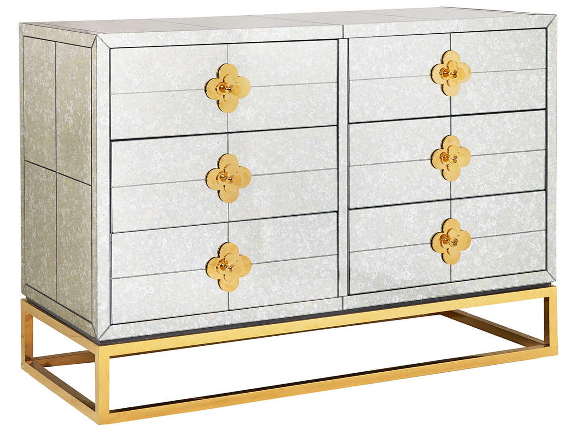 Delphine 6-Drawer Dresser in Antiqued Mirror and Polished Brass