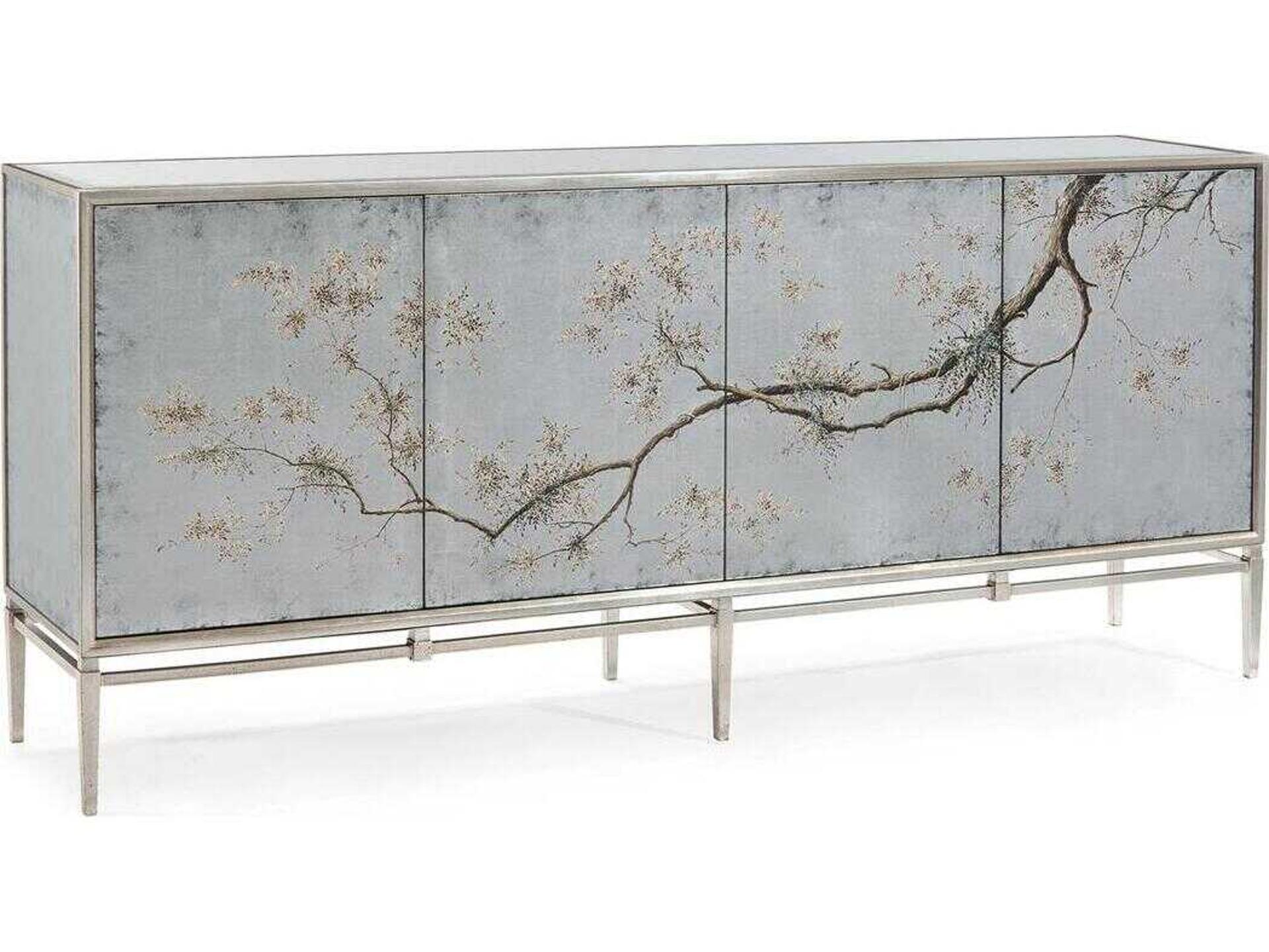 Falling Branch 4-Door Églomisé Credenza with Hand-Painted Branches