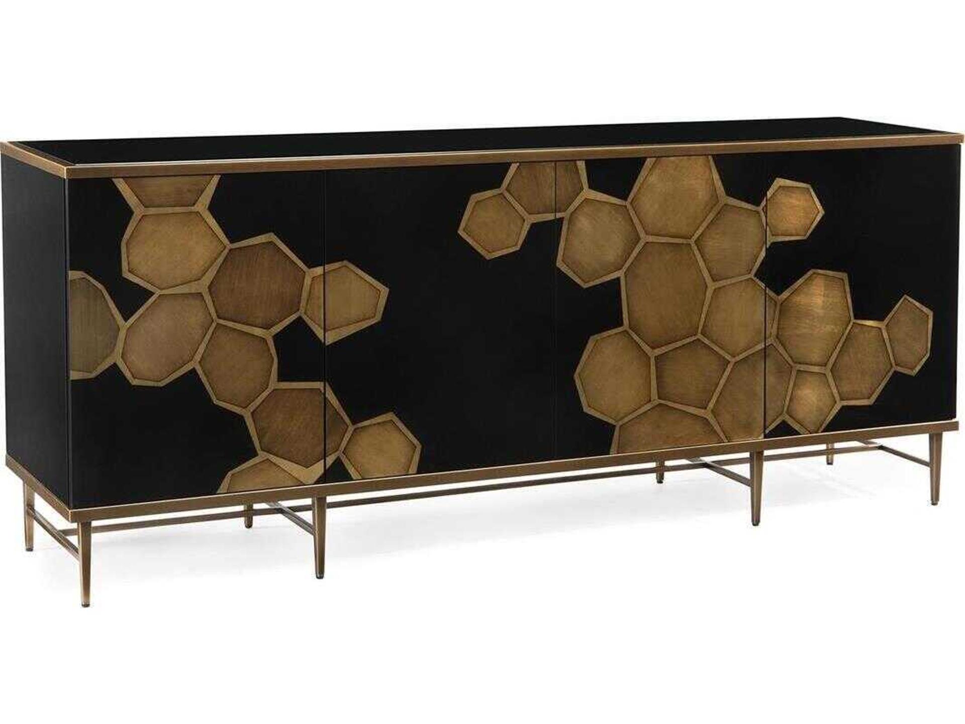 Honeycomb Credenza Gold and Black Glass