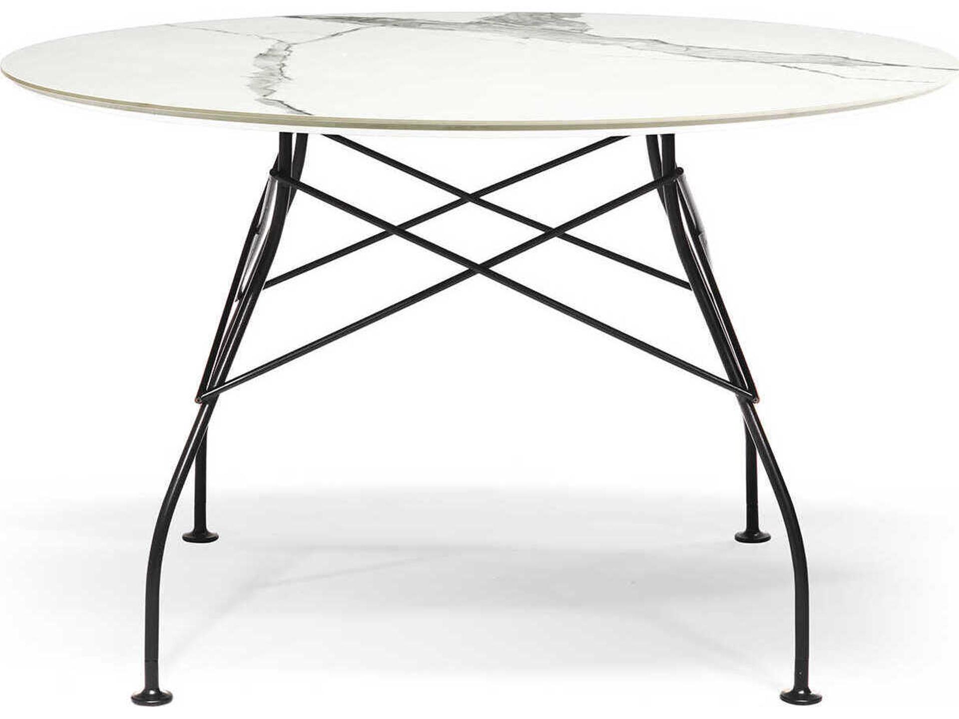 Glossy Round Stone White Marble Black Dining Table