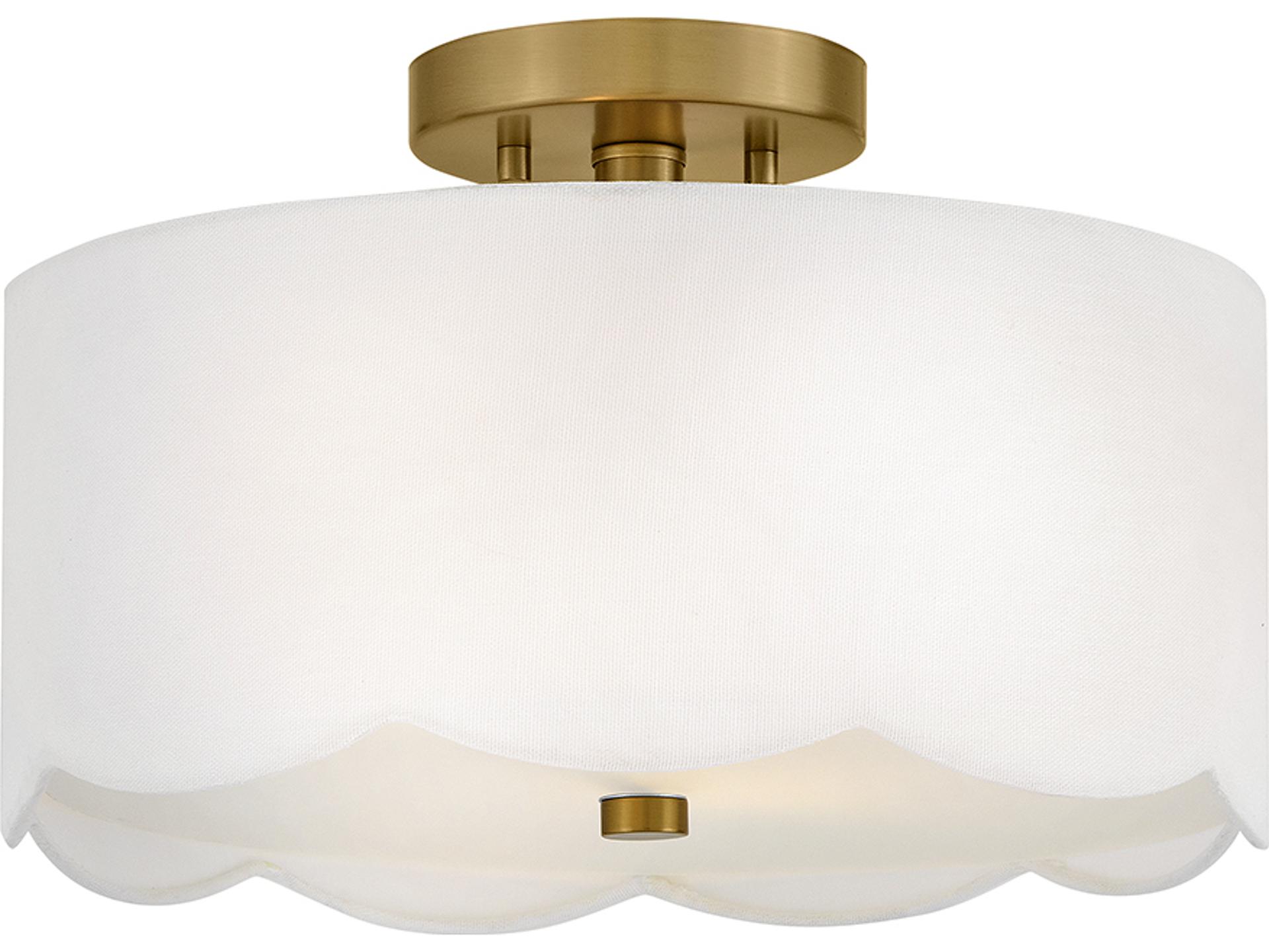 2-Light Bliss Drum Semi-Flush Mount with Linen Shade in Lacquered Brass