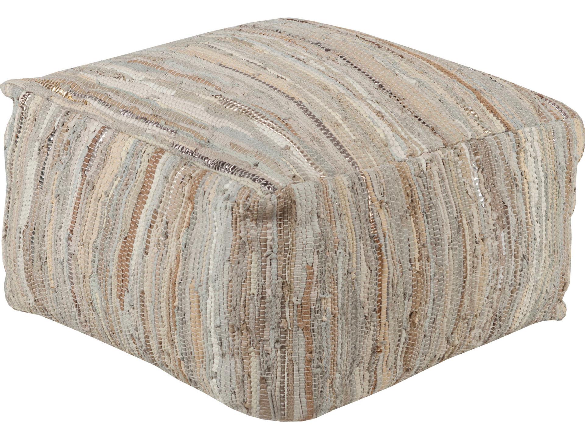 Anthracite Woven Leather Pouf in Cream and Multi-Color