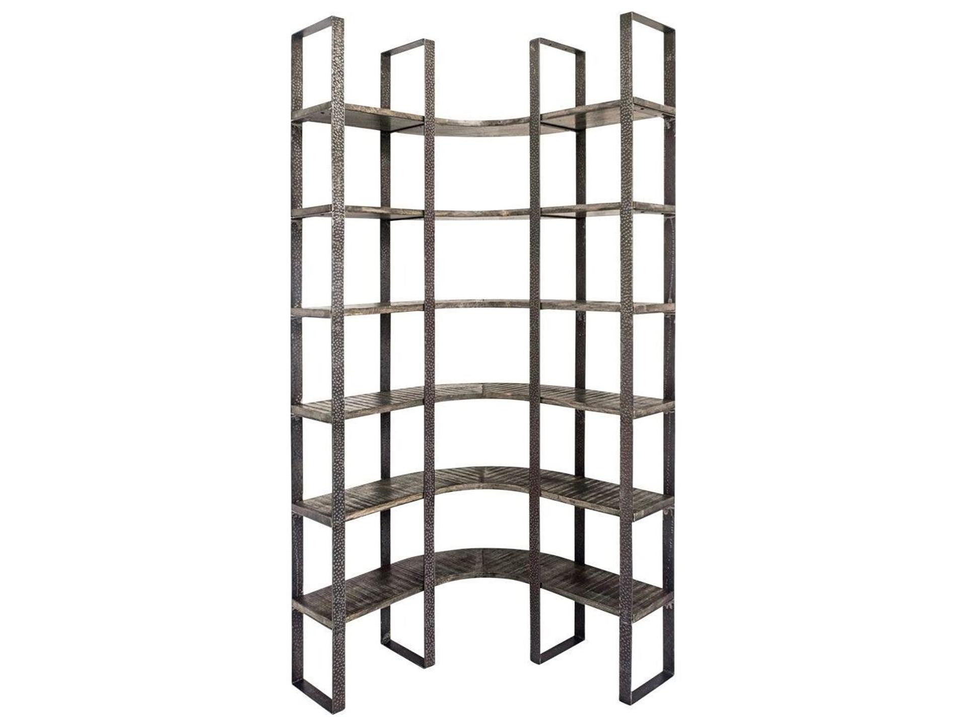Turner I 37L x 10.5W x 90H Curved Brown Wood and Black Iron Six Shelving Unit