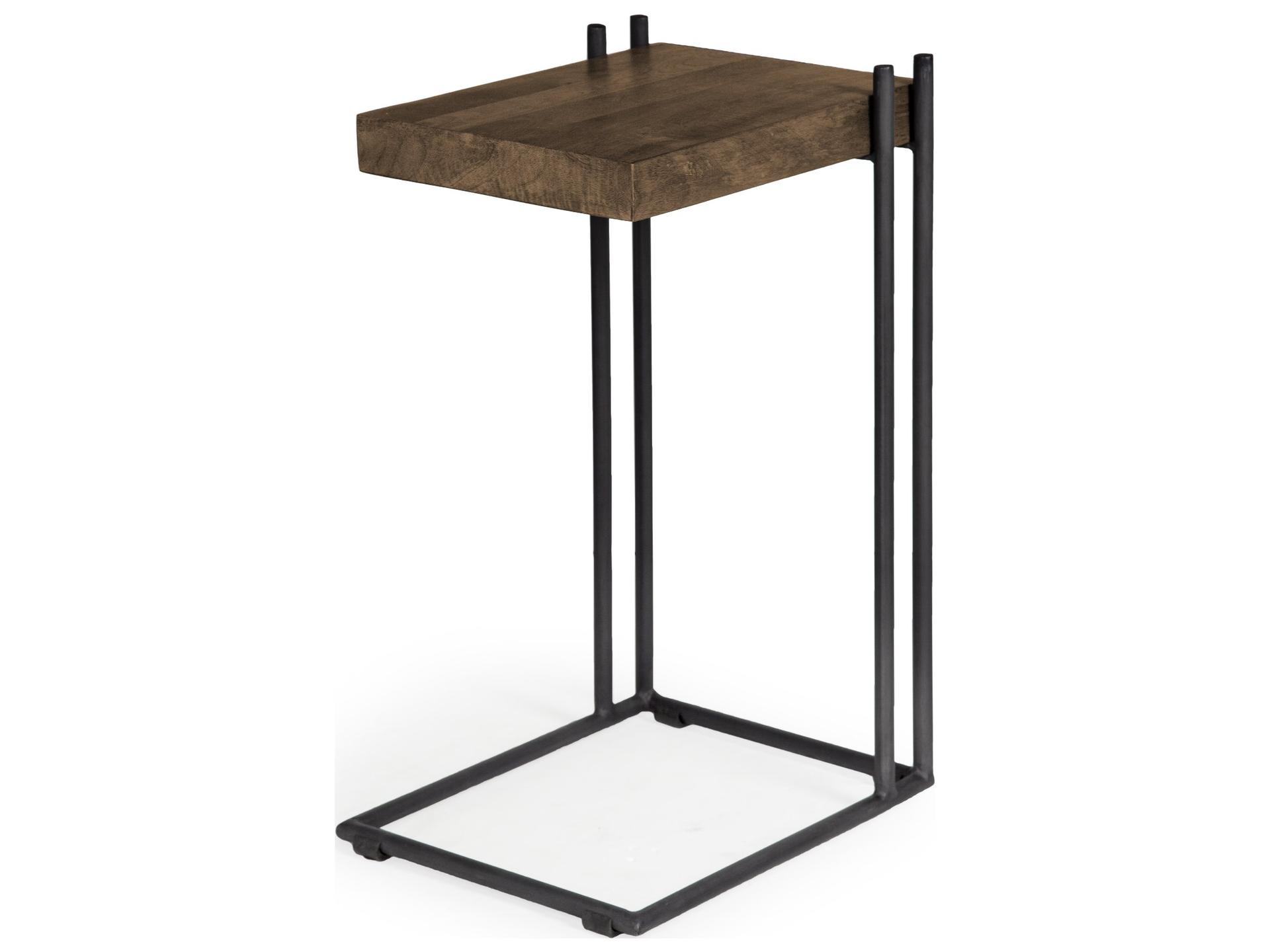 Maddox C-Shaped End Table with Medium Brown Wood Top and Black Metal Base