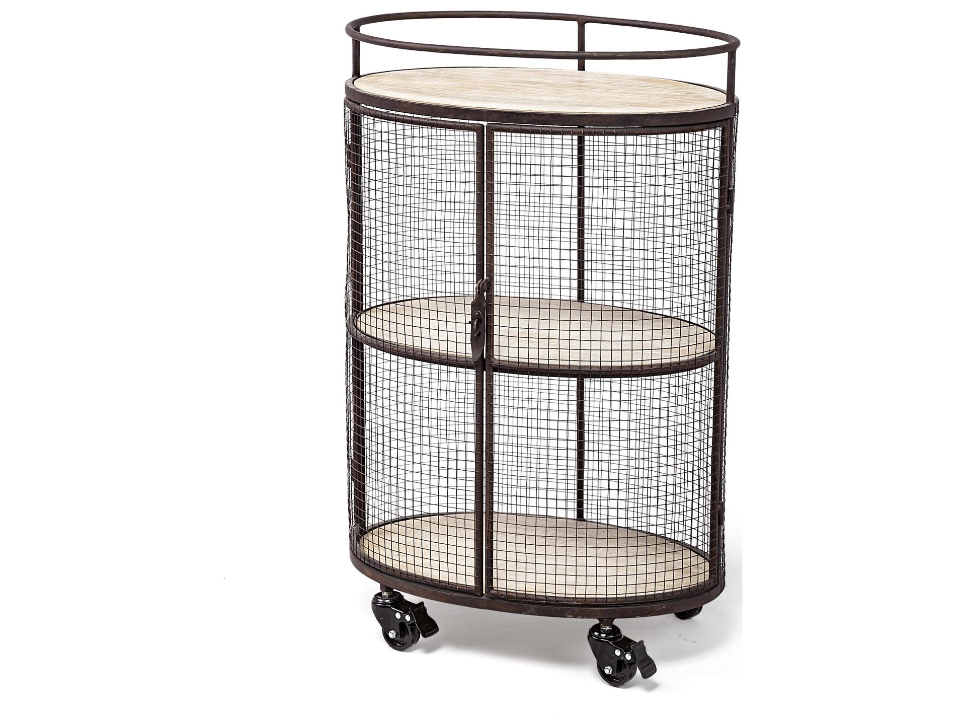 Saluti II Black Metal Frame cage w/three wood shelves oval Bar Cart