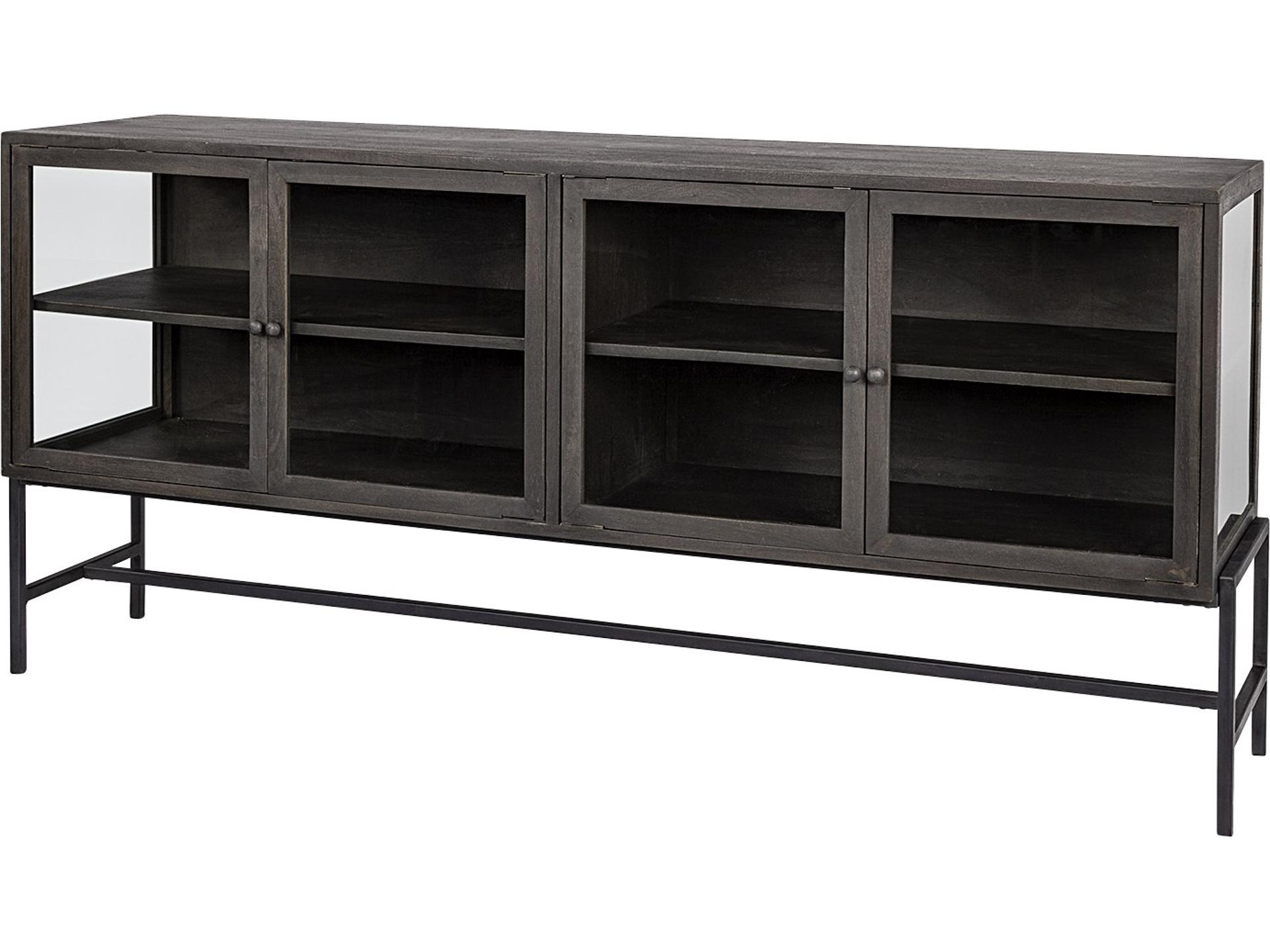 Arelius 70L x 18.75W x 32H Black-Brown Wood, Black Metal Base w/ 4 Glass Cabinet Doors Sideboard