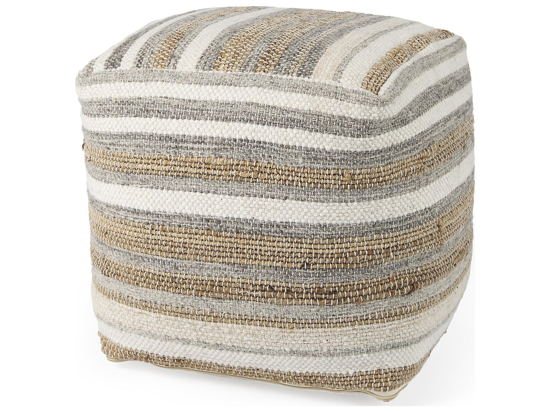 Aahana 16.0L x 16.0W x 16.0H White/Taupe/Gray Striped Hemp and Cotton Pouf
