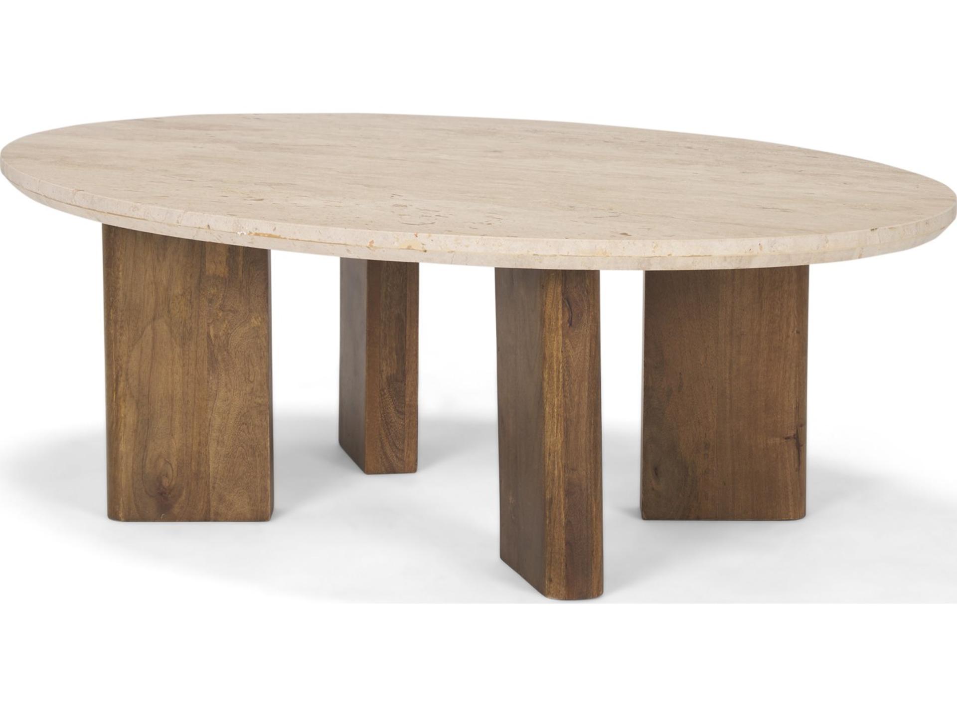 Syona Travertine + Mango Wood leg Oval Coffee table