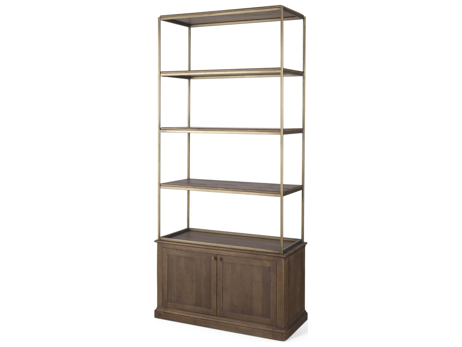 Baron Dark Brown Wood w/ Antiqued Aged Brass Metal 2-Door Open Shelving Unit