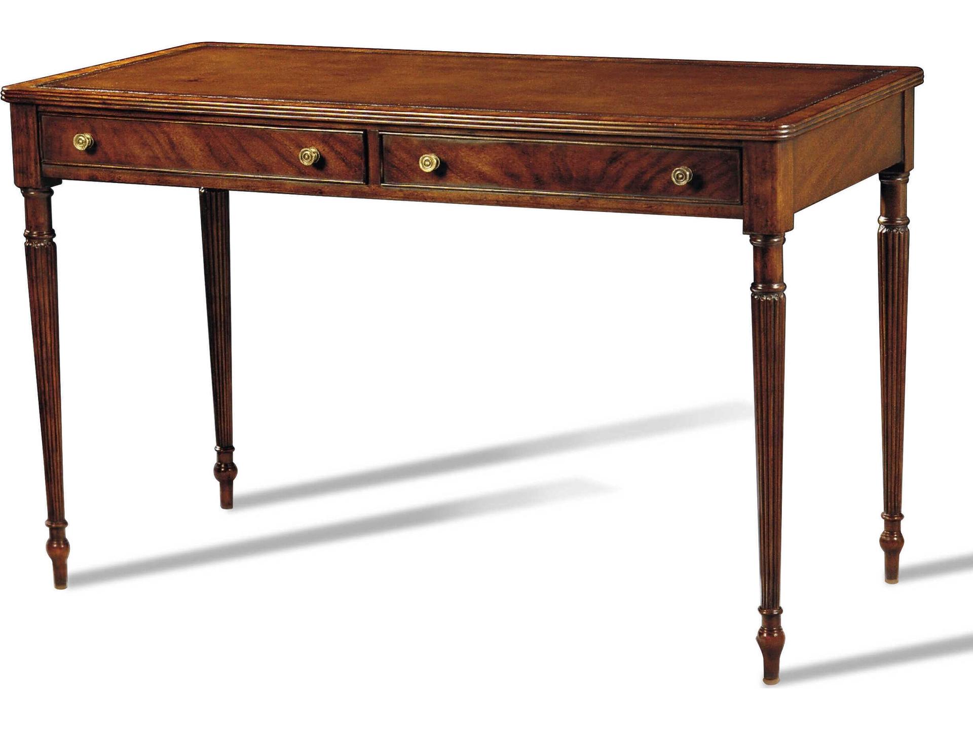 Poetry Crotch Mahogany Desk with Antique Brown Leather and Brass Knobs