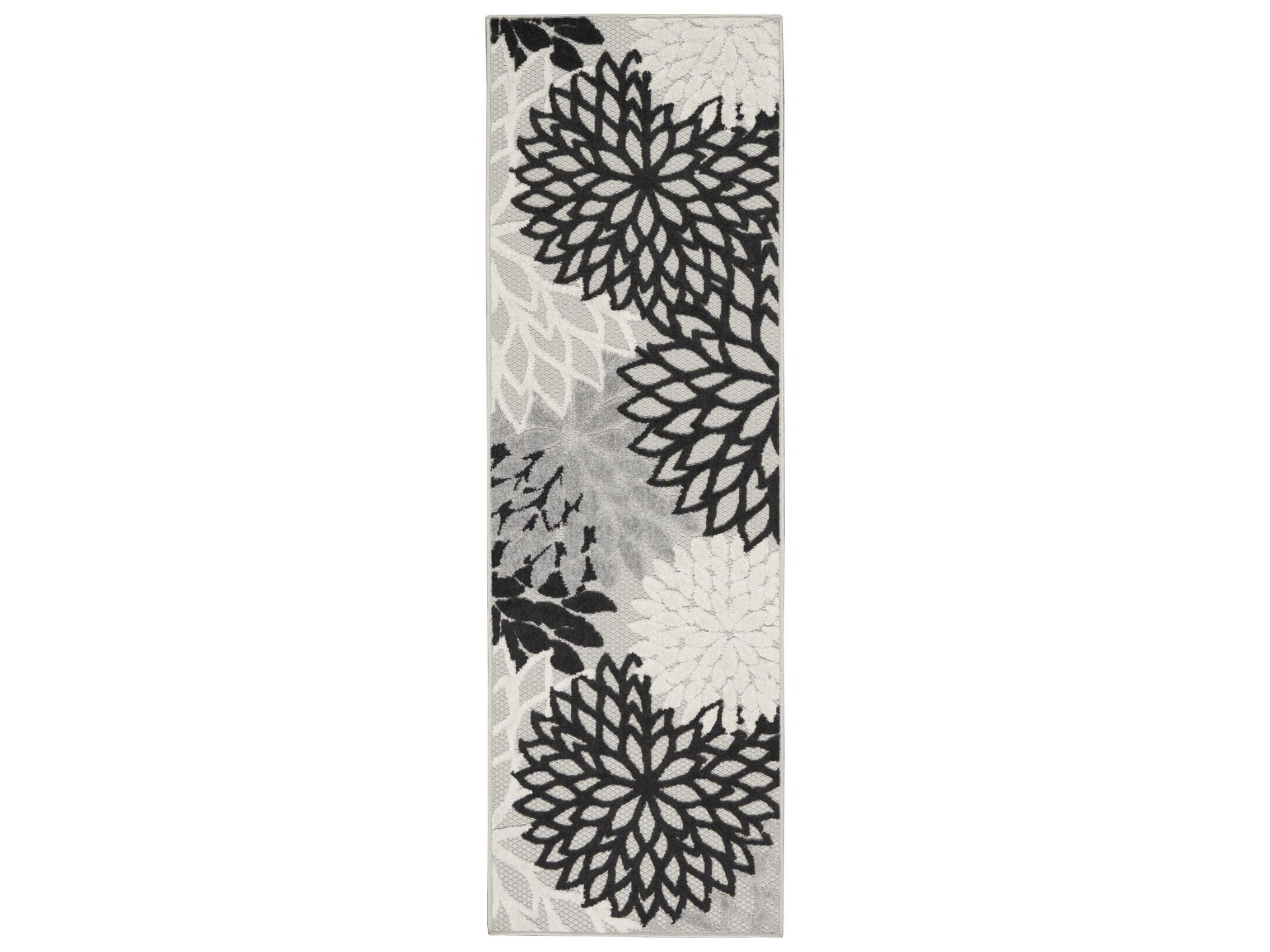 Aloha Floral Runner Area Rug in Black White