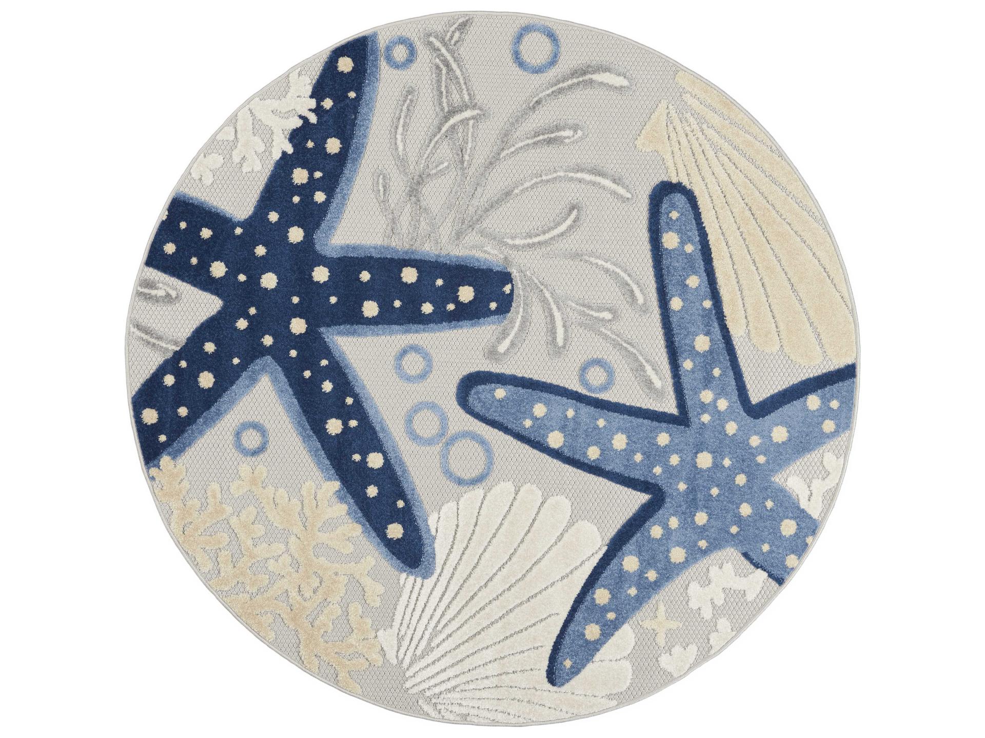 Aloha Round Rug Indoor Outdoor Coastal Blue Grey