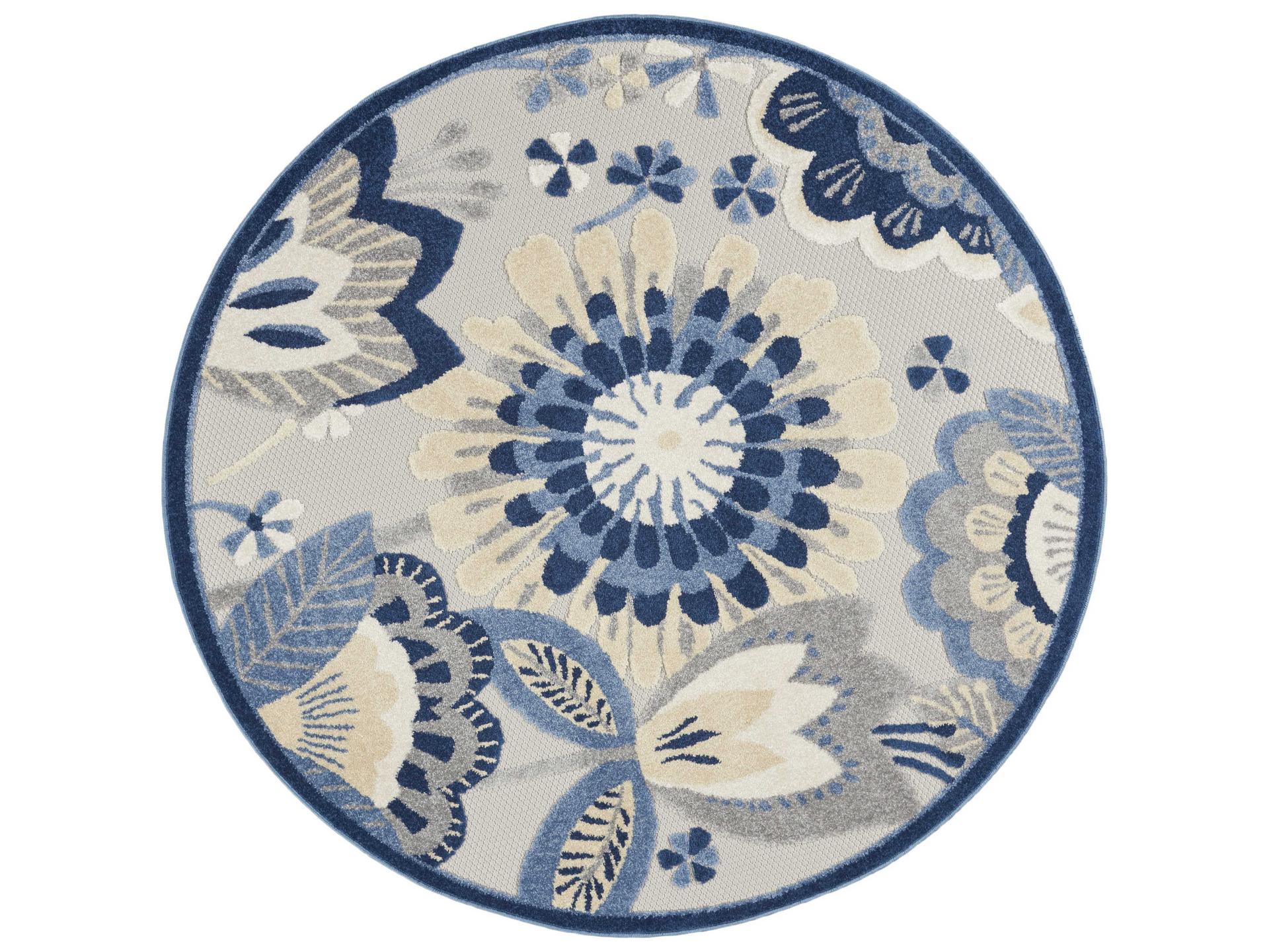 Aloha Round Area Rug Blue Grey Floral Indoor Outdoor