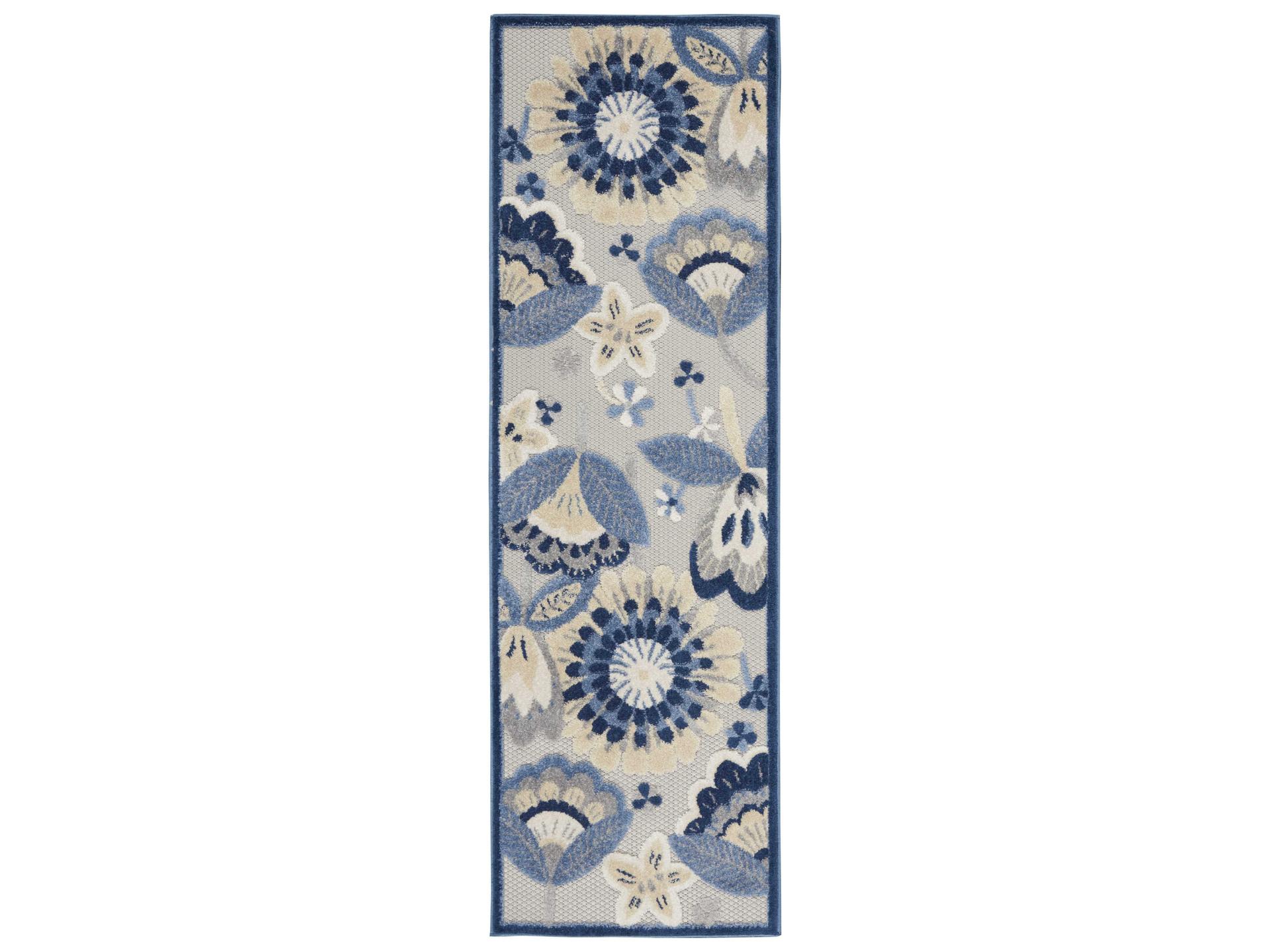 Aloha ALH25 Floral Indoor Outdoor Runner Rug in Blue Grey