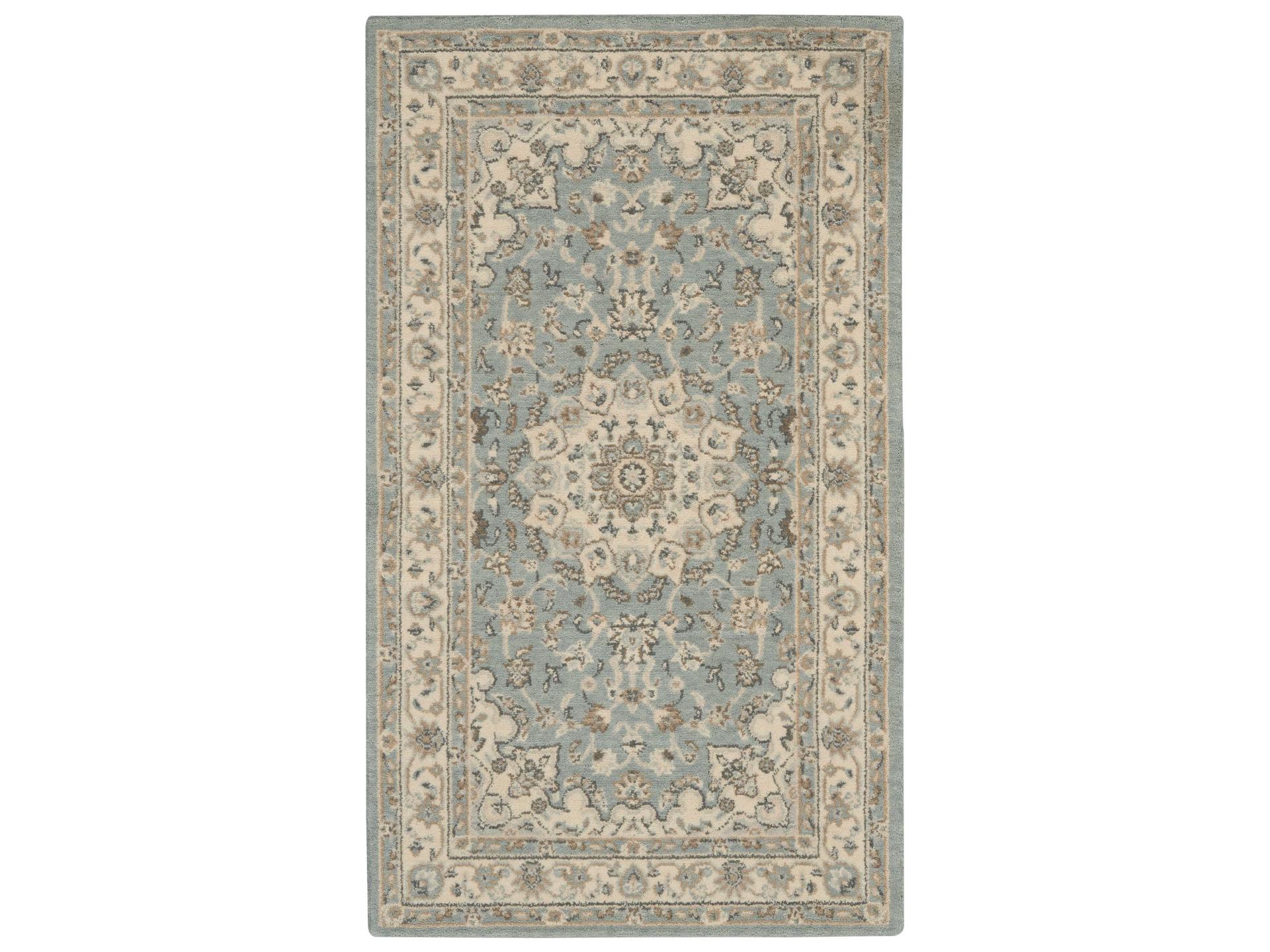 Living Treasures Bordered Area Rug in Aqua and Ivory