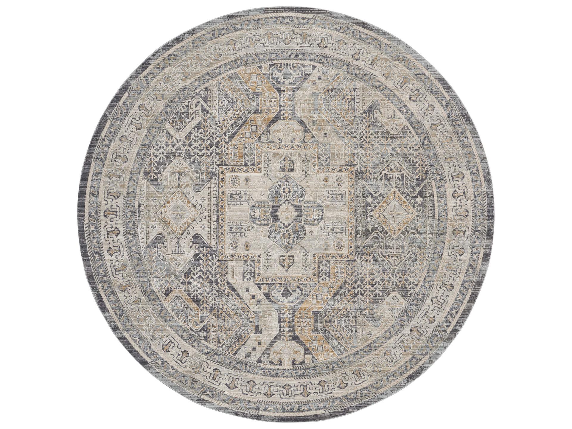 Lynx Round Area Rug in Ivory Charcoal with Vintage Persian Pattern