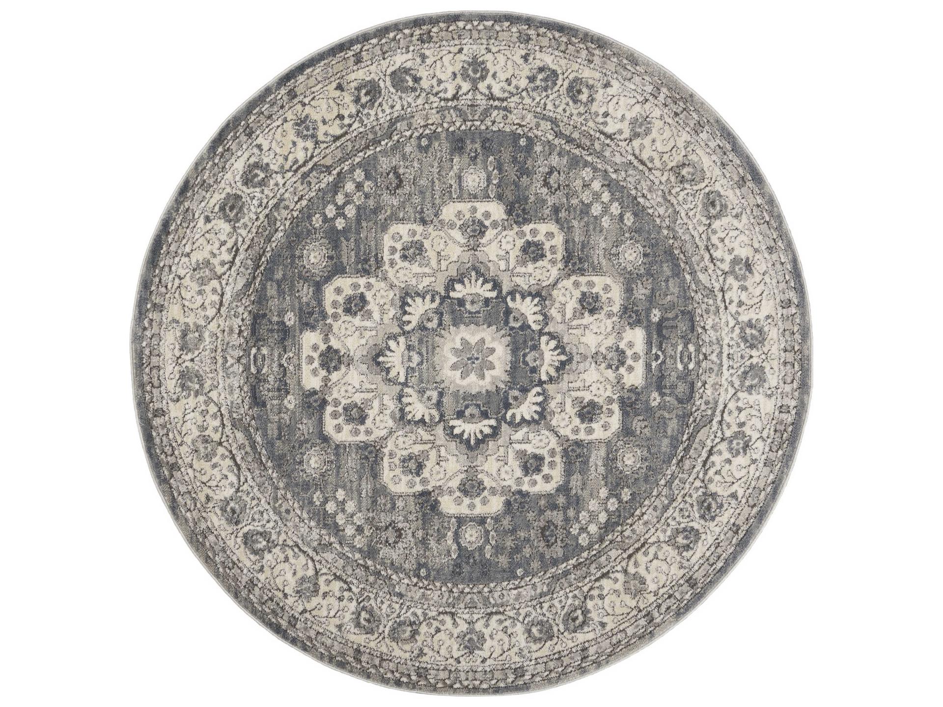 Quarry Polypropylene Modern Persian Round Area Rug in Grey Ivory