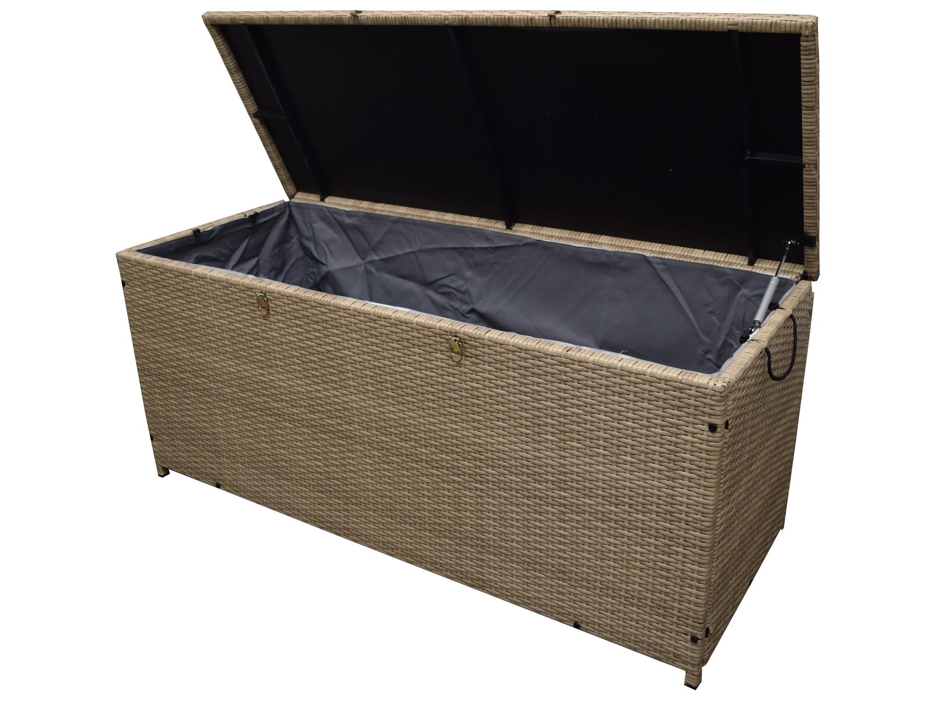 113 Gallon Wicker Outdoor Storage Box in Tan with Pneumatic Lid