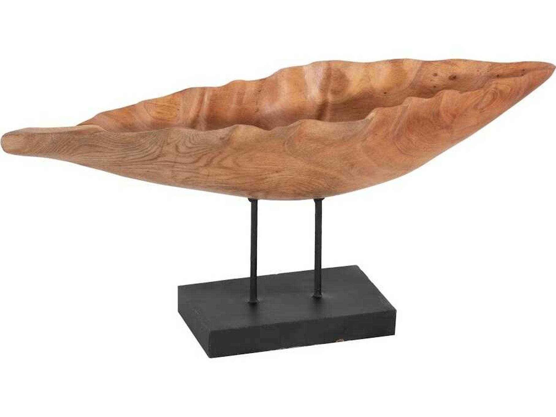 Carved Leaf Sculpture on Stand Mahogany Wood Decor