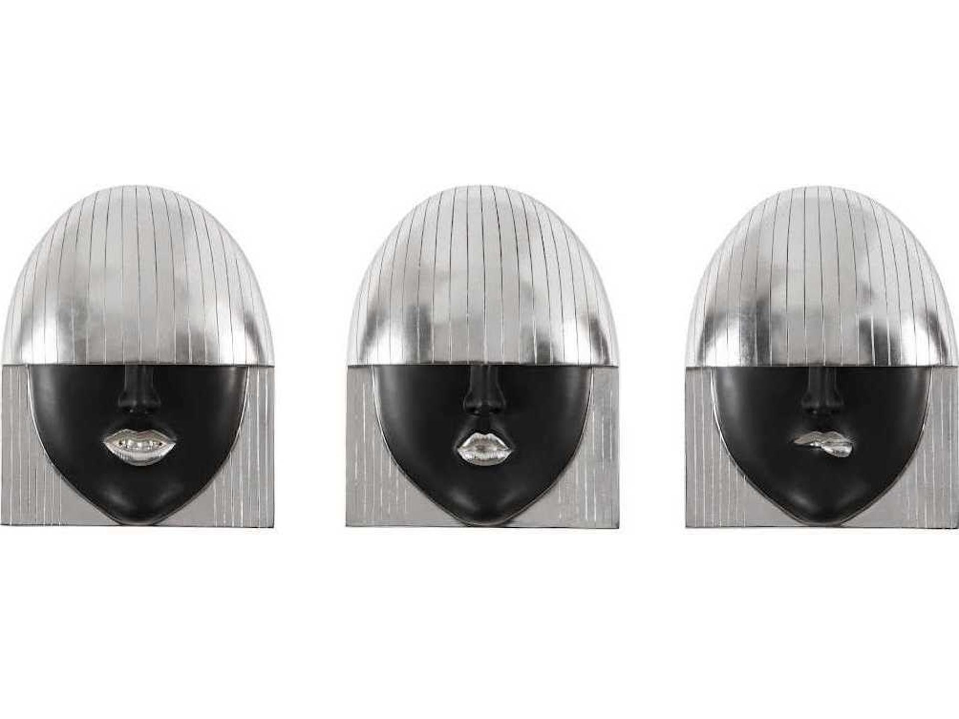 Black and Silver Leaf Fashion Faces Wood Wall Art Set of 3