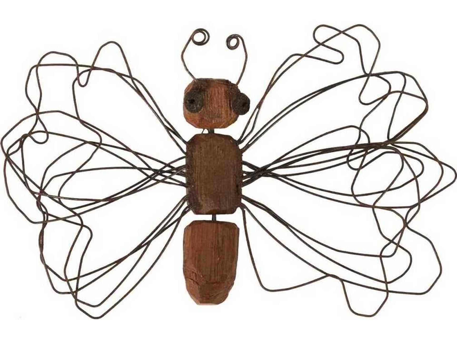 Wire Wing Butterfly Small Metal Wall Art in Natural Wood