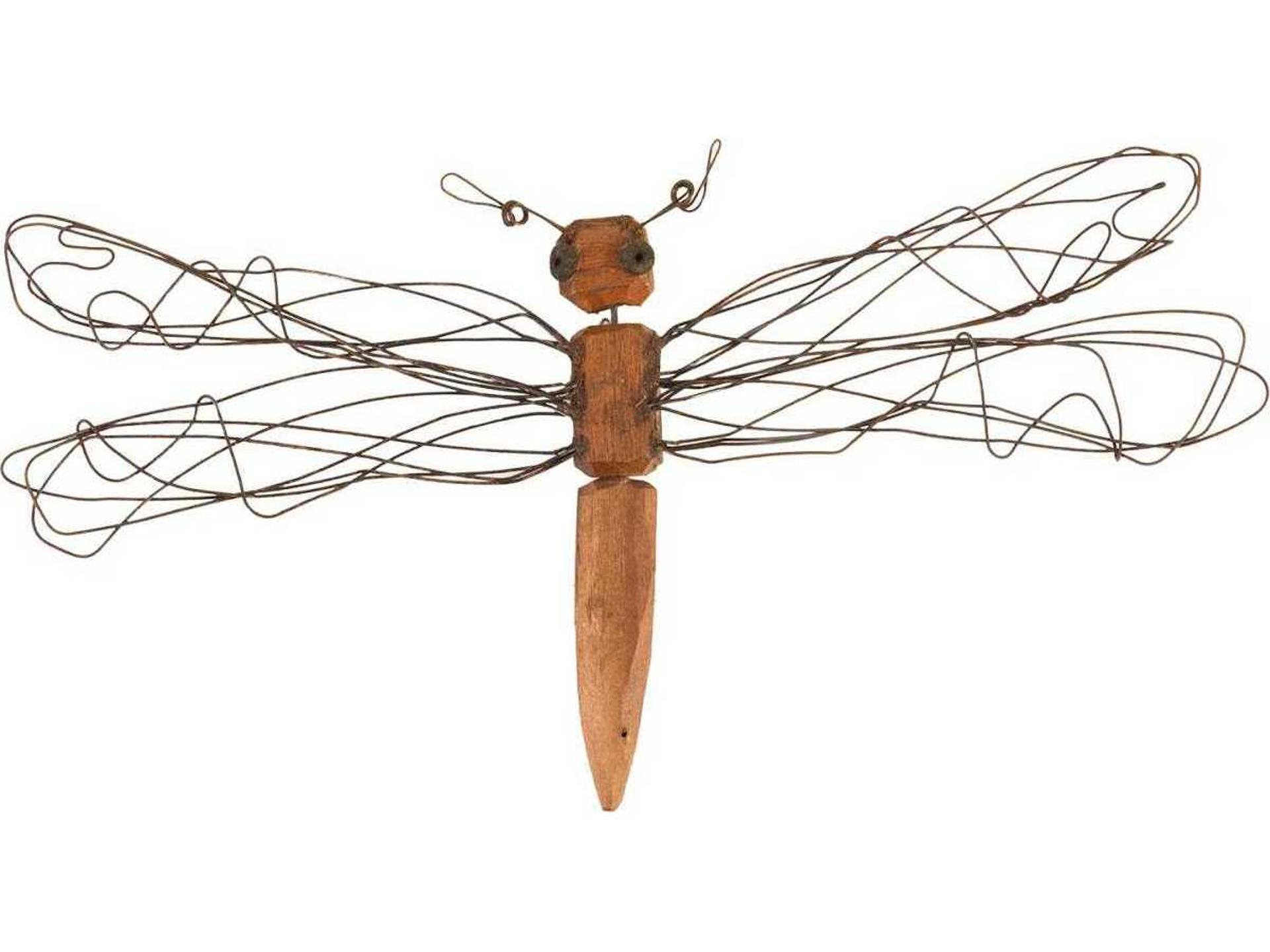 Small Wire Wing Dragonfly Wall Art in Natural Wood