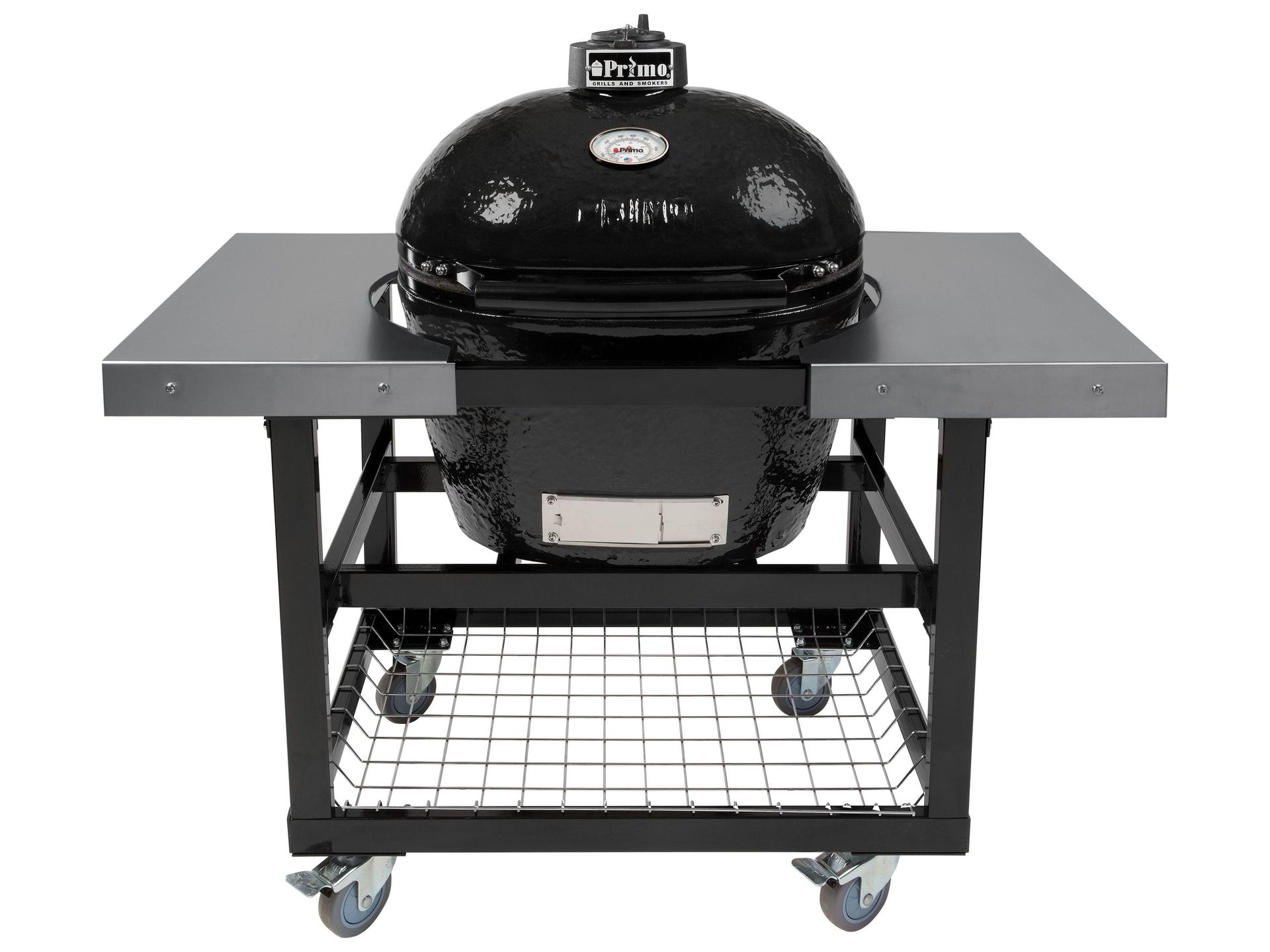 Primo Oval Large Charcoal Grill with Stainless Steel Cart and Shelves