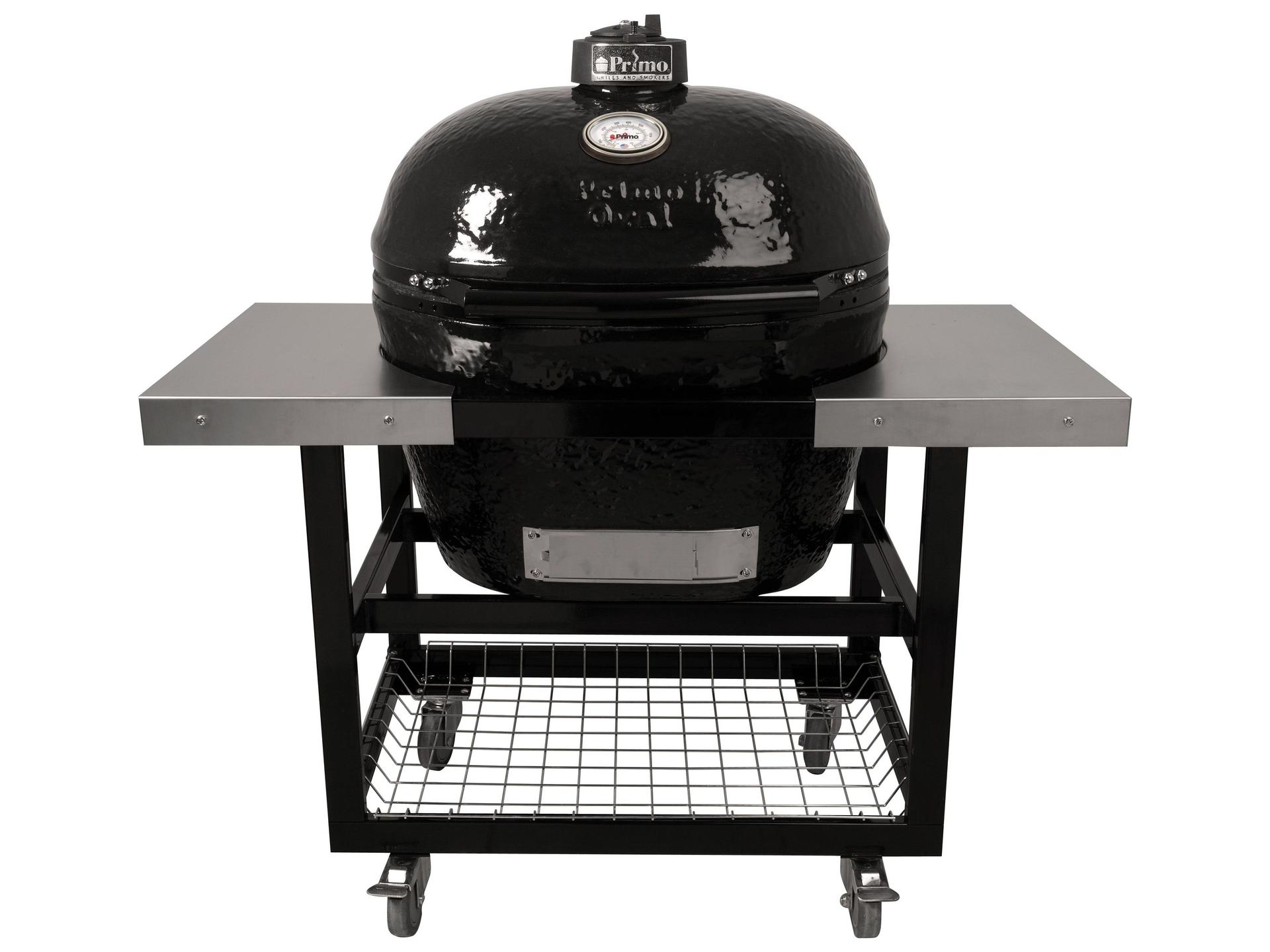 Primo Oval XL Charcoal Grill with Stainless Steel Cart with Shelves