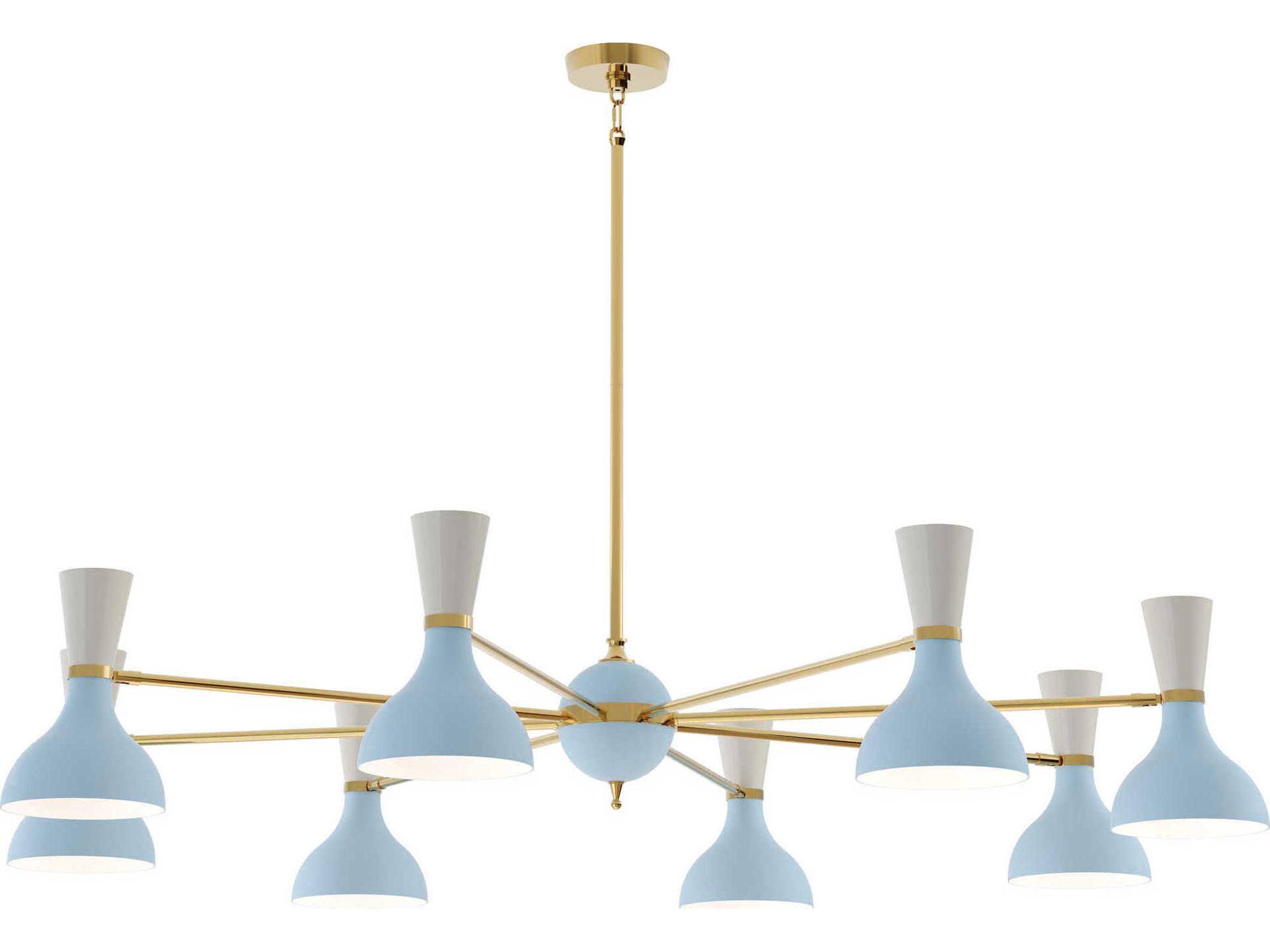 8-Light Clare Chandelier in Modern Brass with Baby Blue Lily Shades
