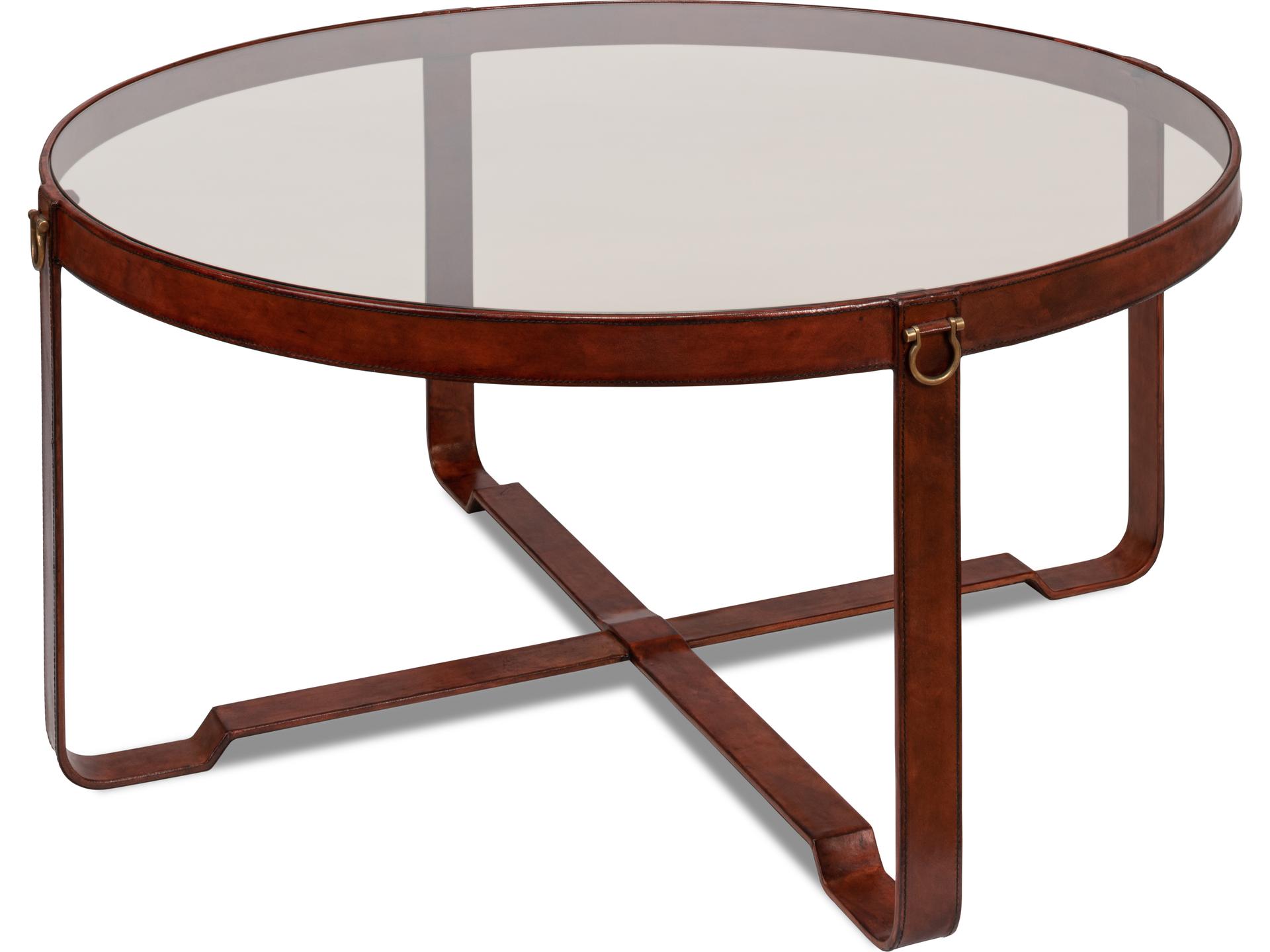 Harness Round Coffee Table with Antiqued Leather and Smoke Glass