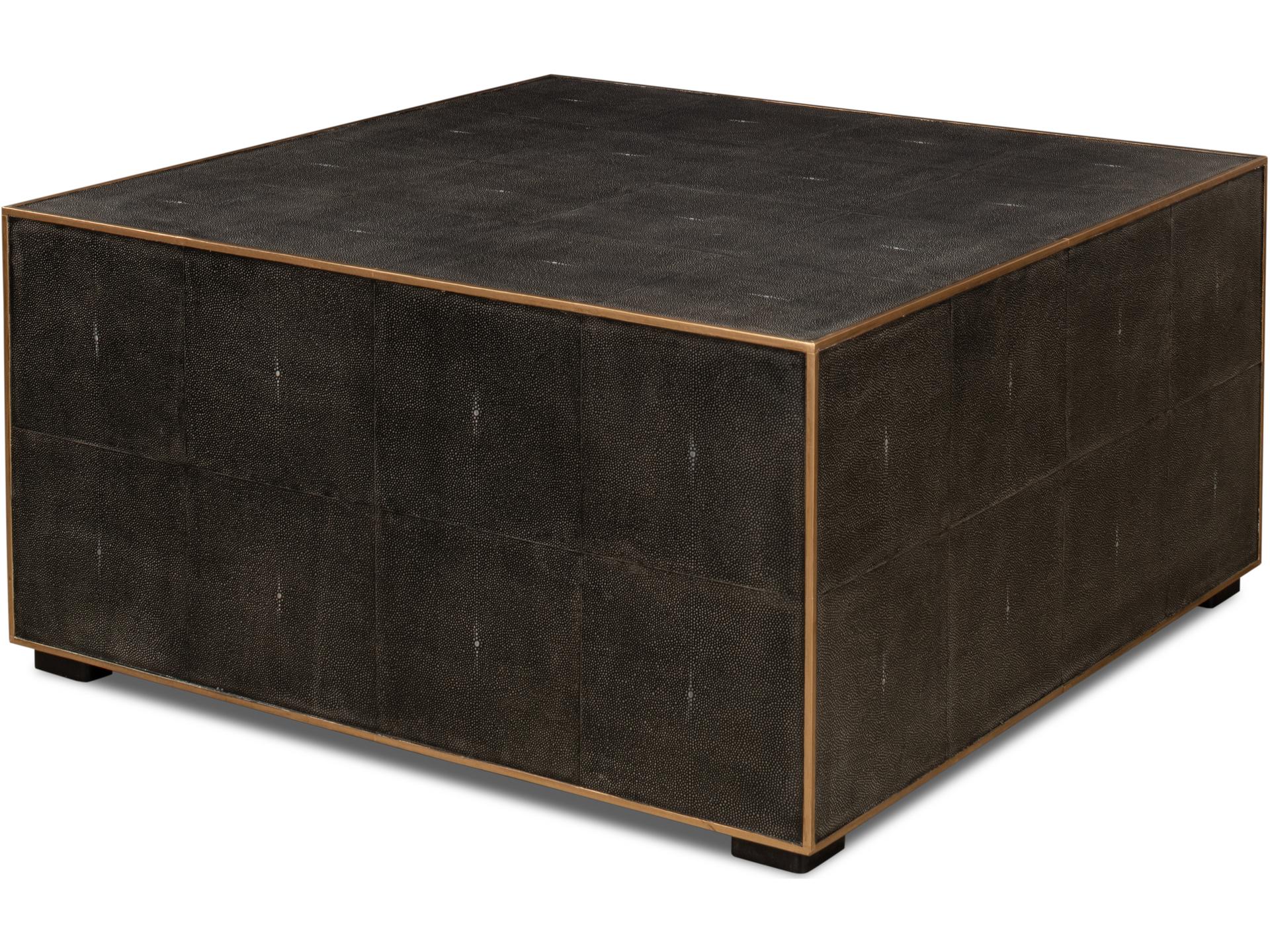 Midnight Square Coffee Table Wood with Gold Leather Trim