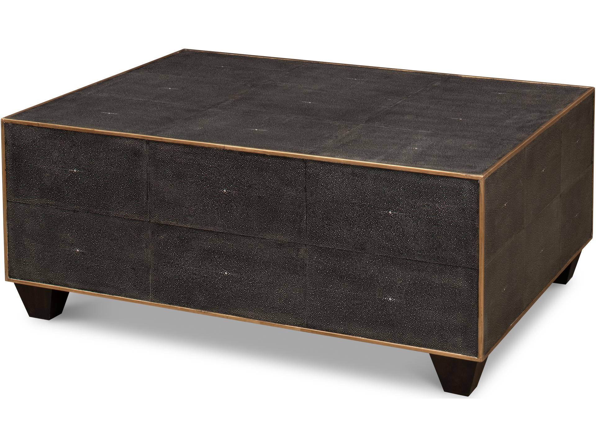 Grey Leather Shagreen Rectangular Coffee Table with Gold Trim