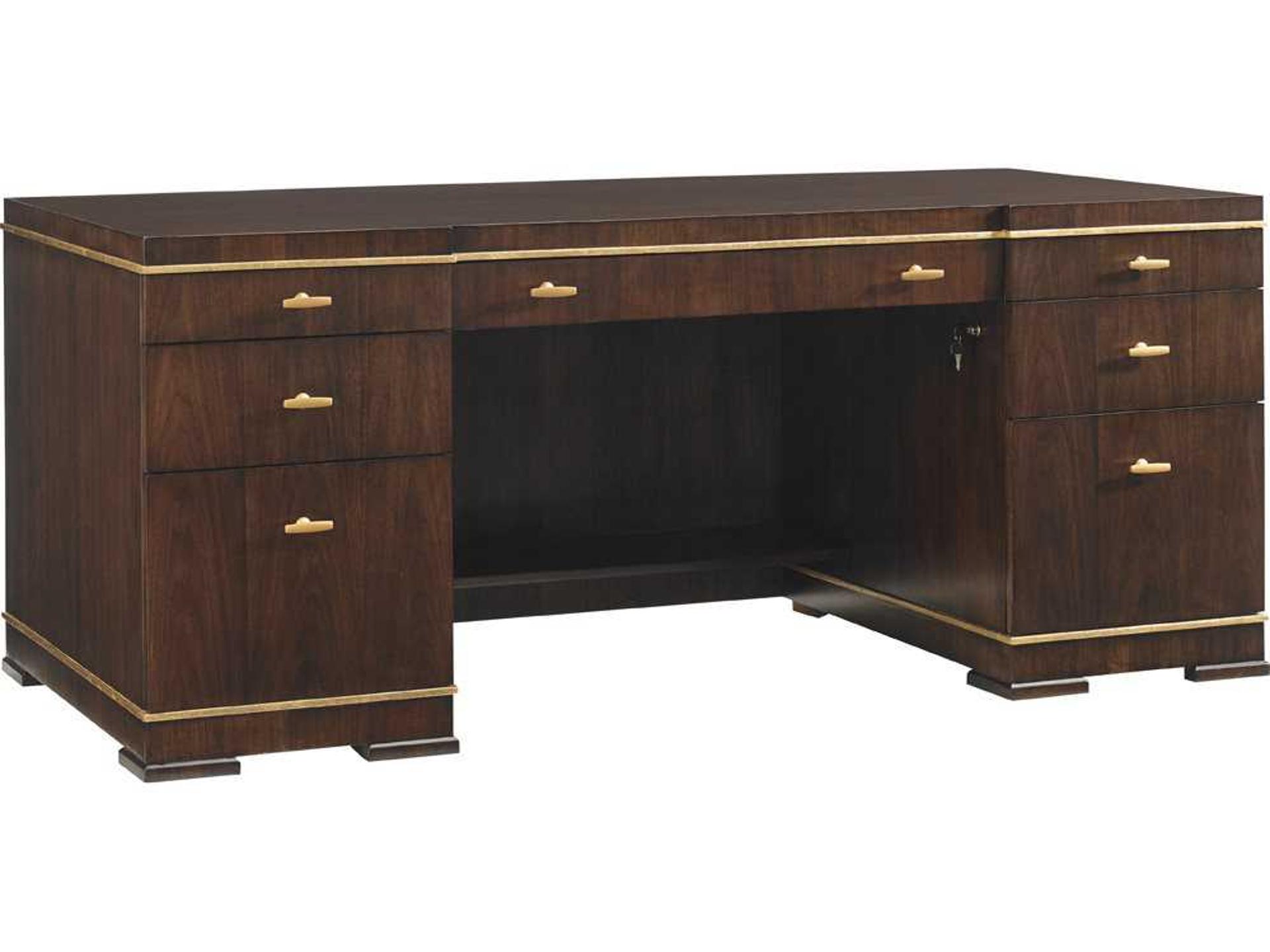 Paramount Executive Desk Bel Aire Collection Walnut with Gold Accents and Storage