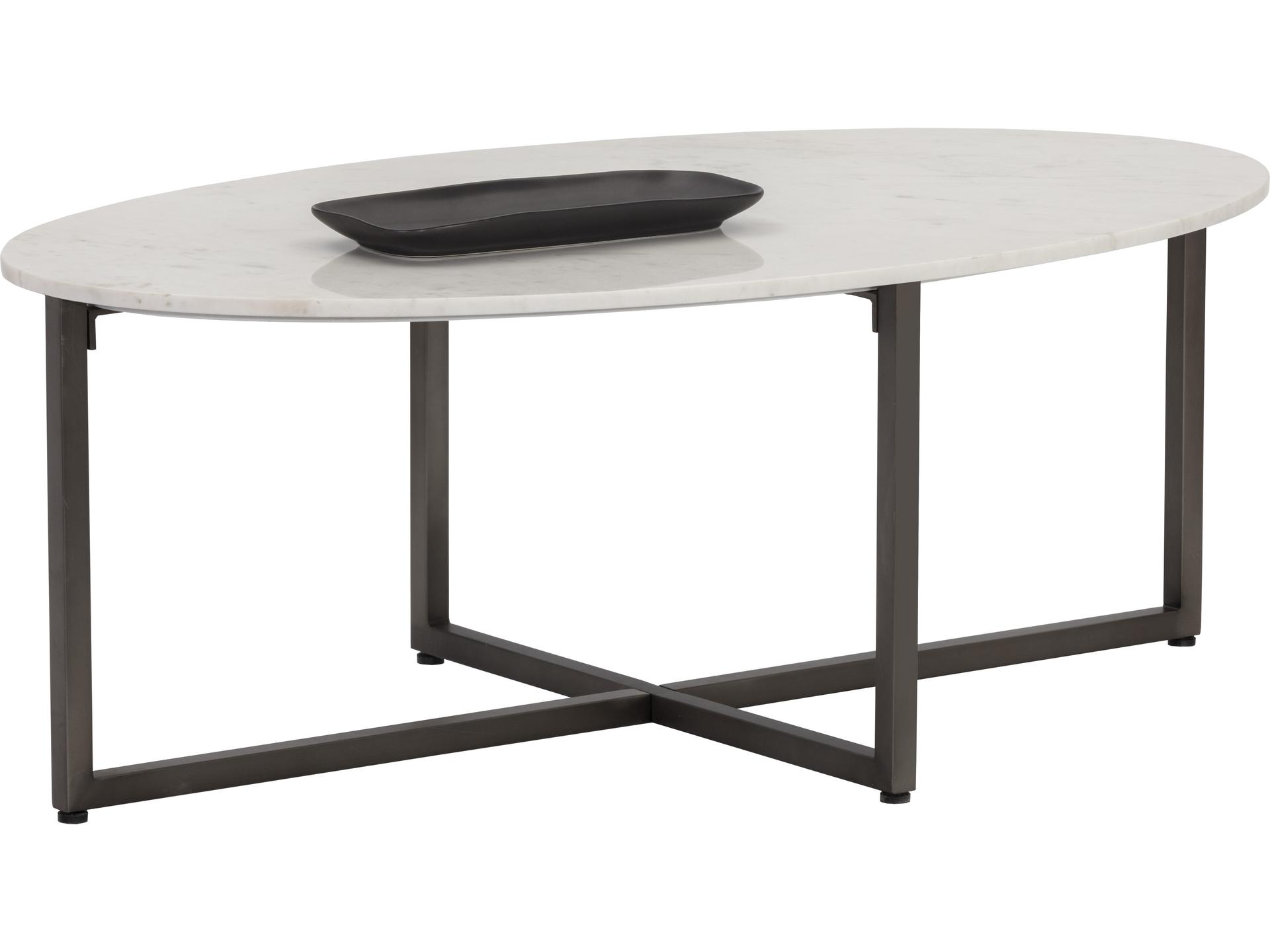 Kiara Oval Coffee Table with White Marble Top and Gunmetal Base