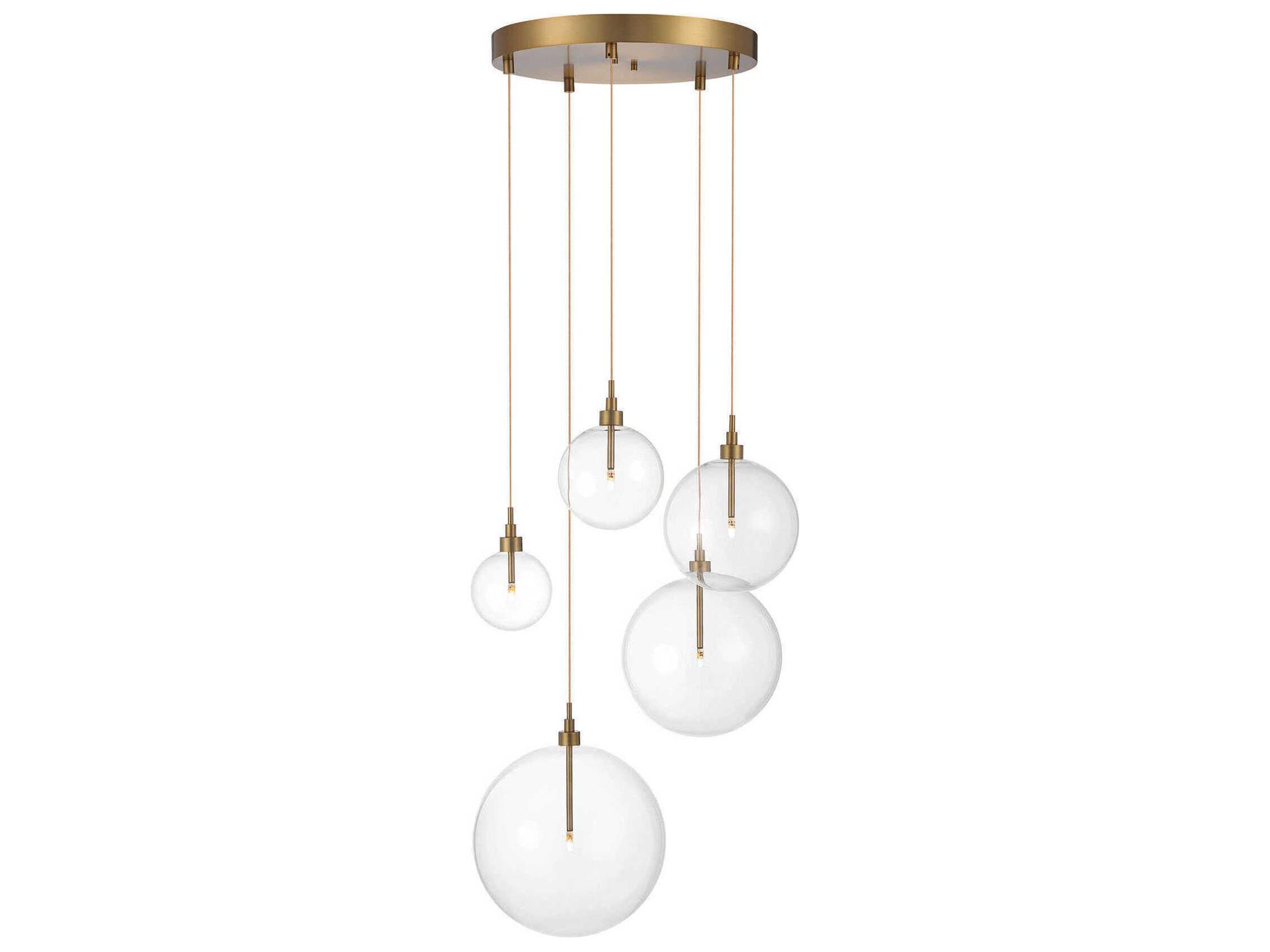 Meridian 5-Light Orb LED Pendant Light in Natural Brass