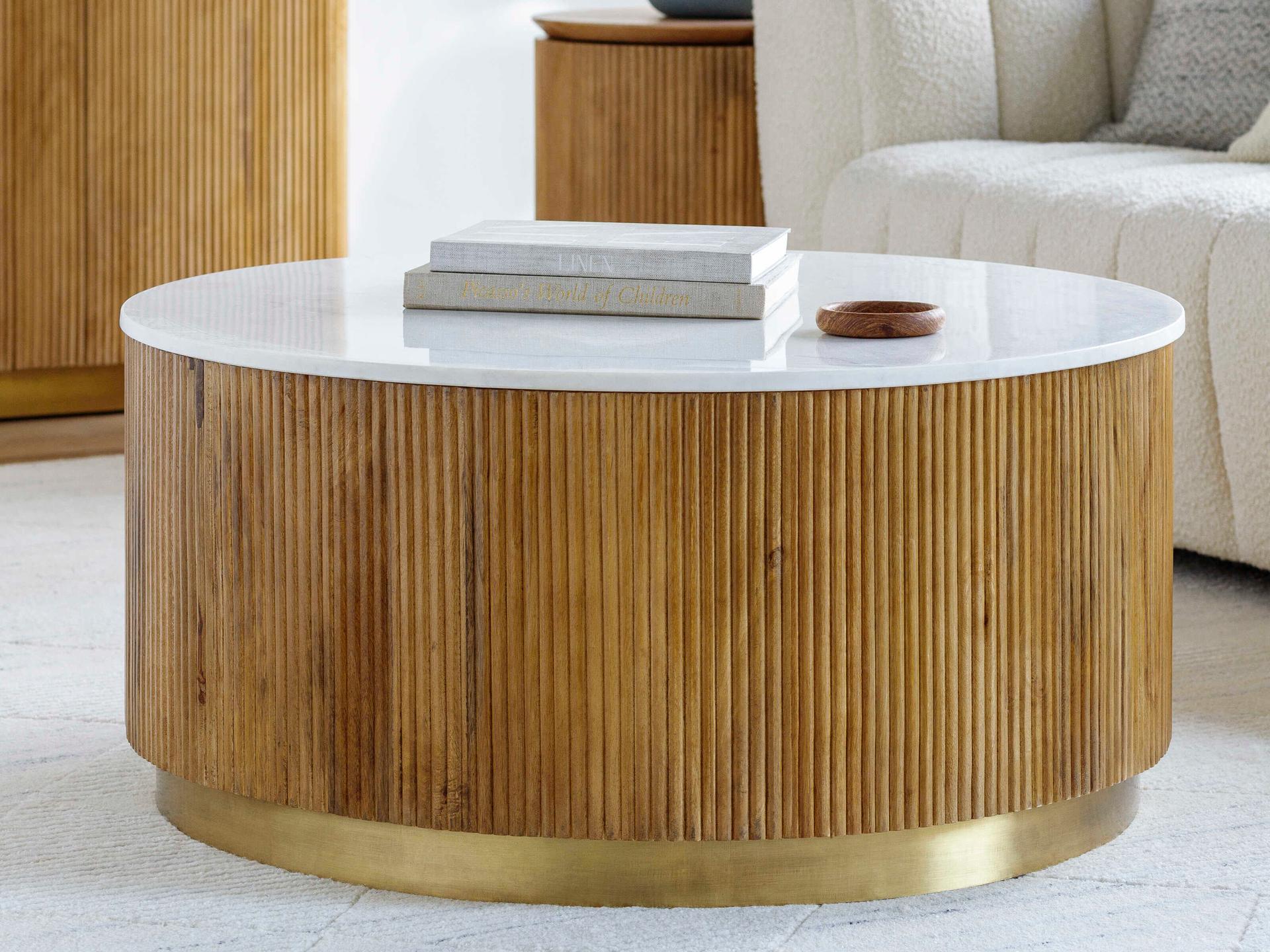 Surya Nems Round Marble White Brown Gold Coffee Table